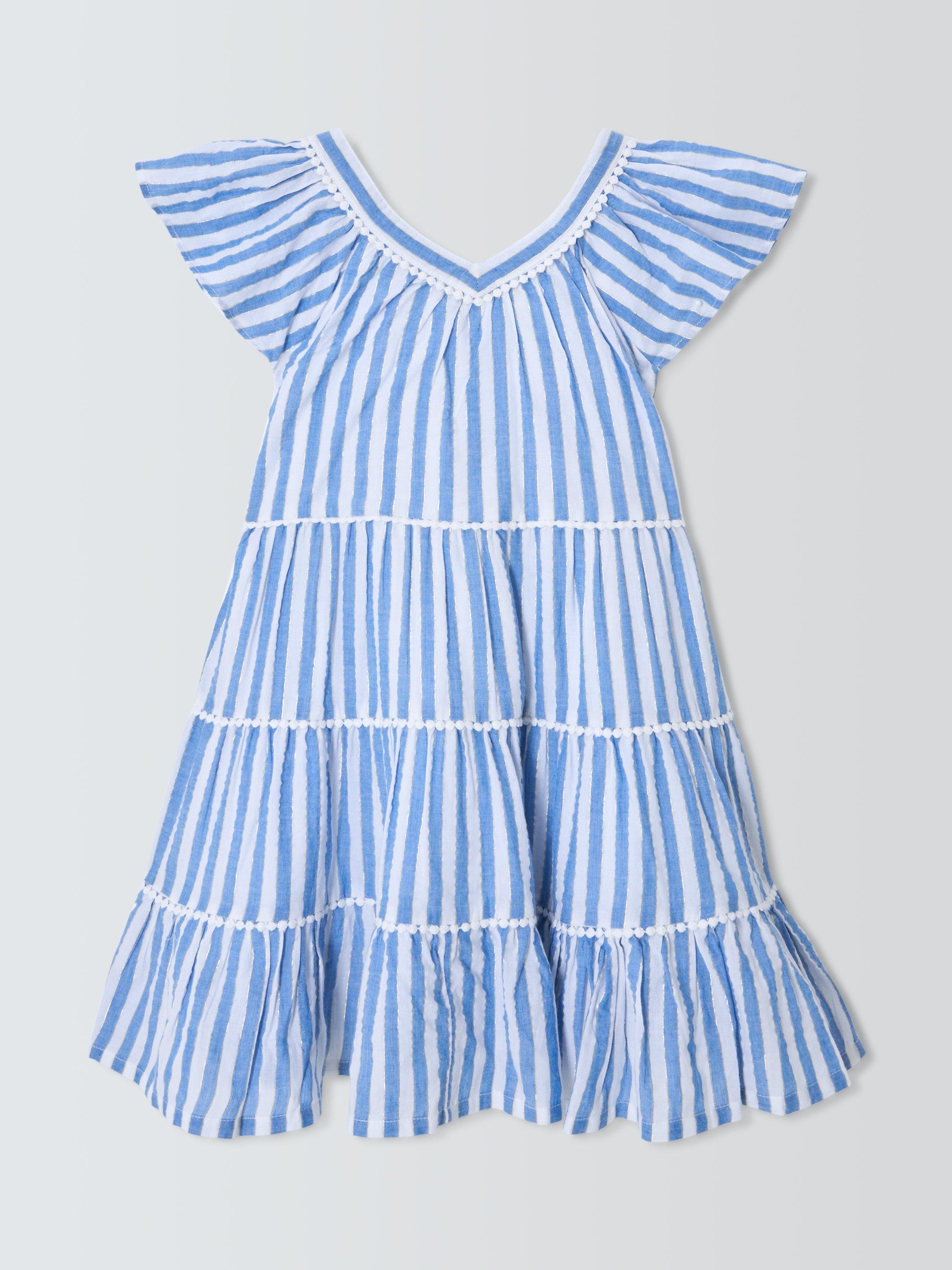 Product image 3 of 7, which shows John Lewis Kids' Stripe Tiered Ruffle Dress, Blue, White, 2 years