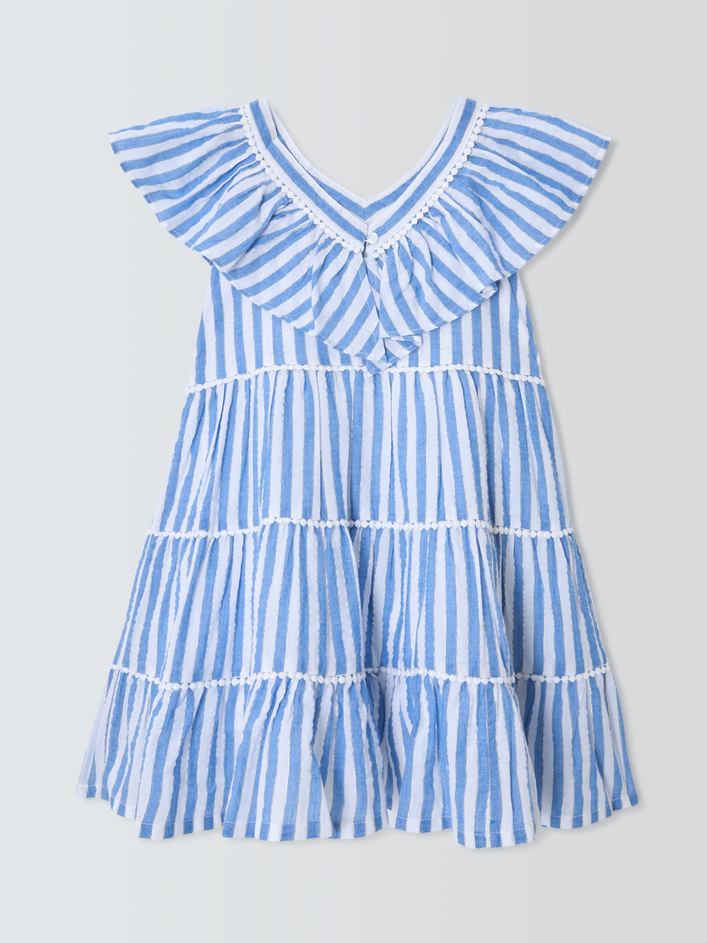 Product image 4 of 7, which shows John Lewis Kids' Stripe Tiered Ruffle Dress, Blue, White, 2 years