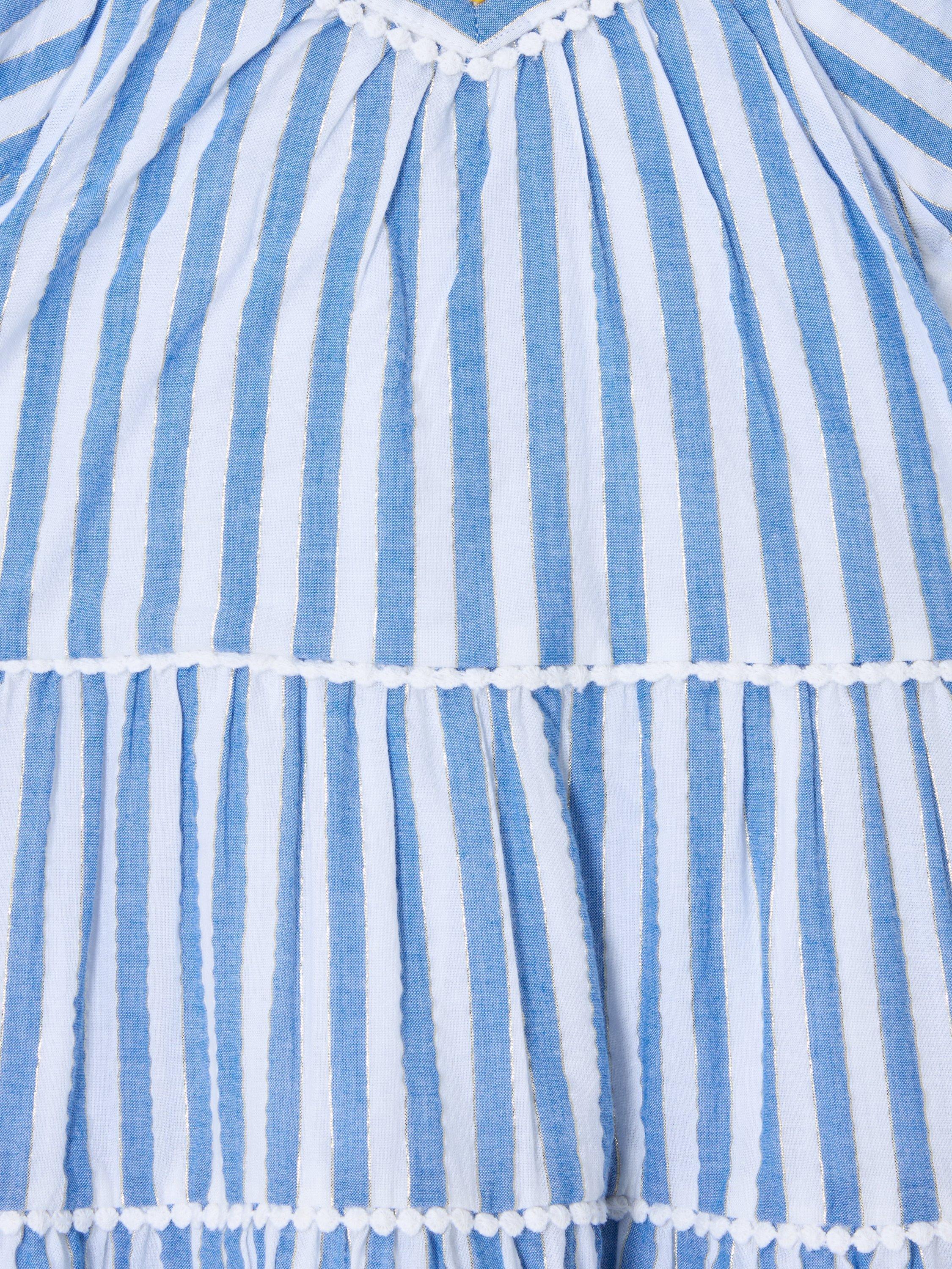 Product image 5 of 7, which shows John Lewis Kids' Stripe Tiered Ruffle Dress, Blue, White, 2 years