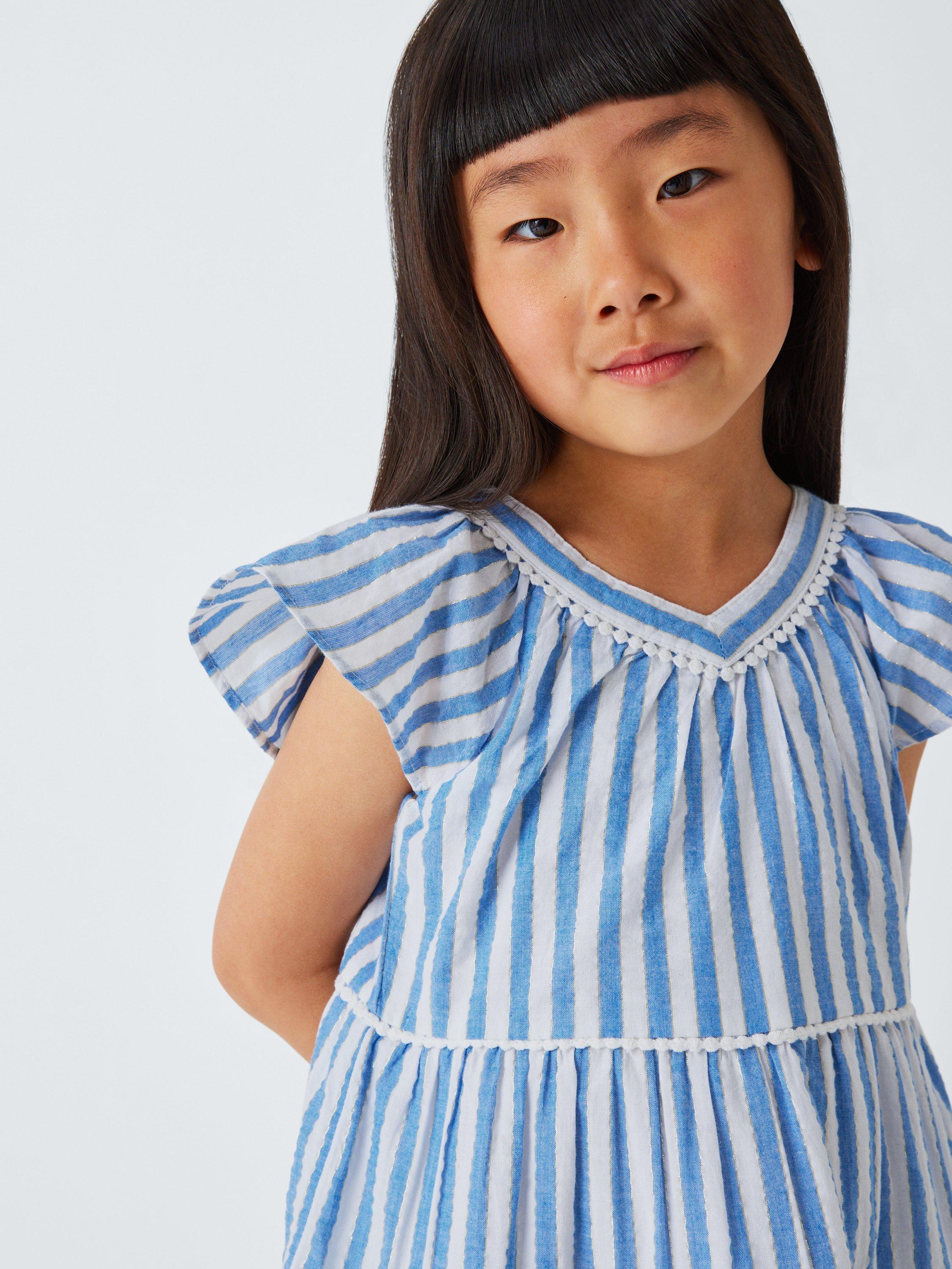 Product image 6 of 7, which shows John Lewis Kids' Stripe Tiered Ruffle Dress, Blue, White, 2 years