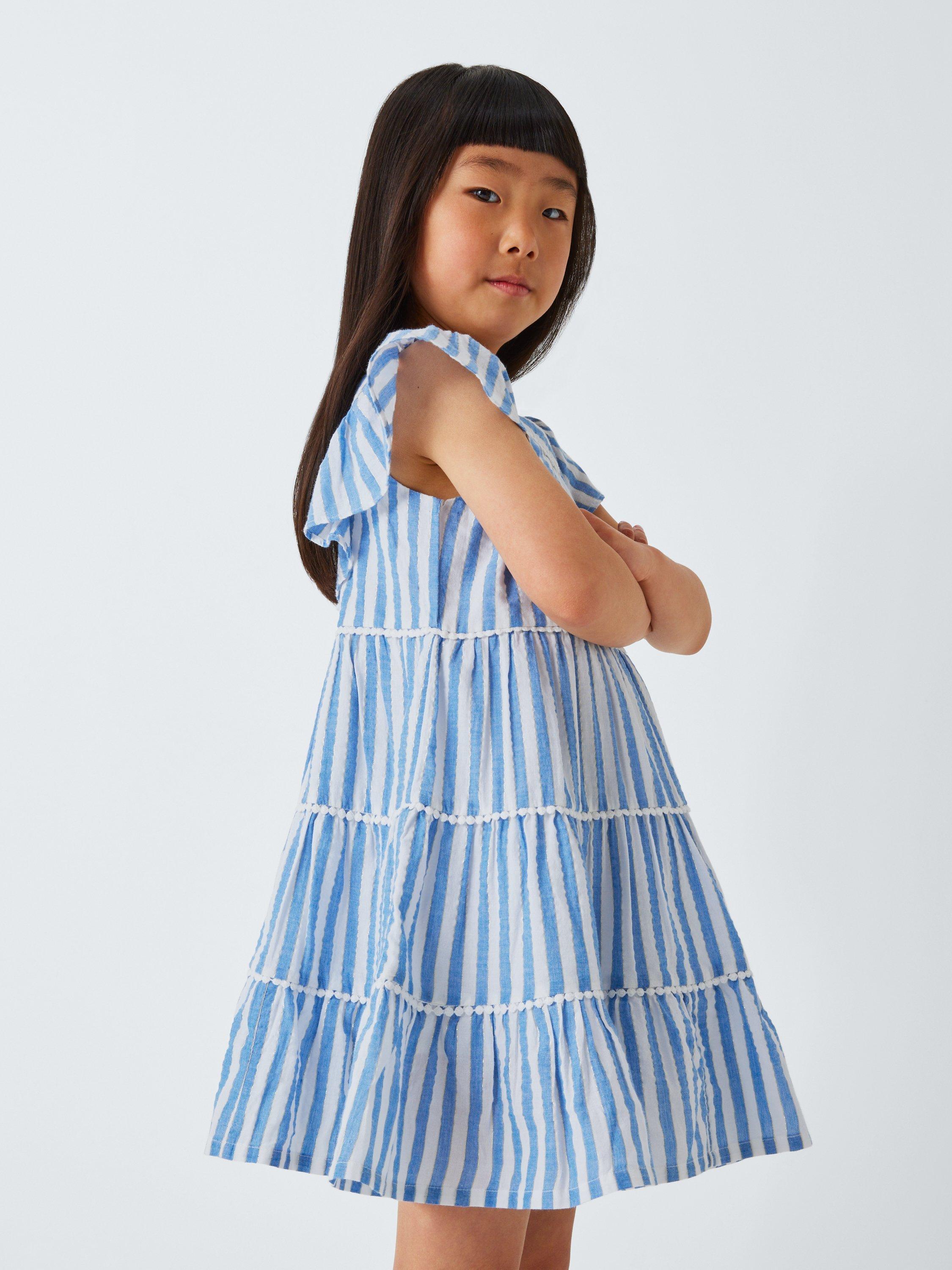 Product image 7 of 7, which shows John Lewis Kids' Stripe Tiered Ruffle Dress, Blue, White, 2 years