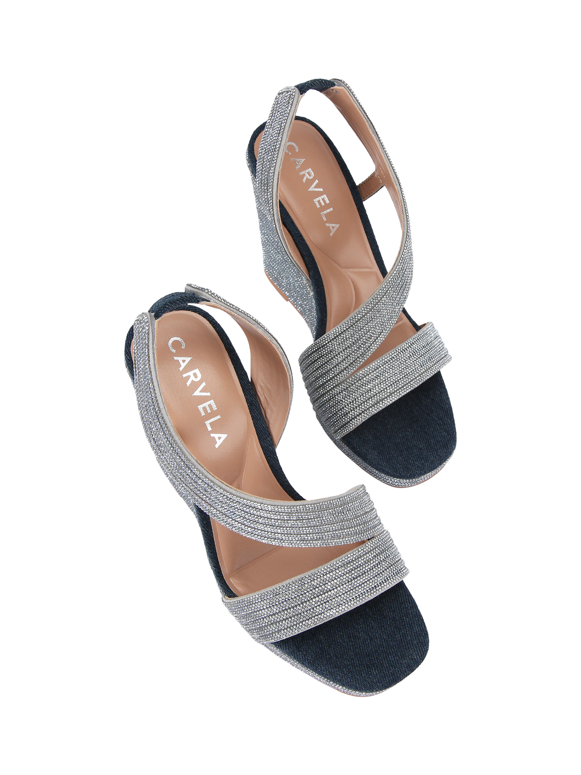 Product image 3 of 5, which shows Carvela Gala Jewel Embellished Wedge Heeled Sandals, Blue Denim, 3