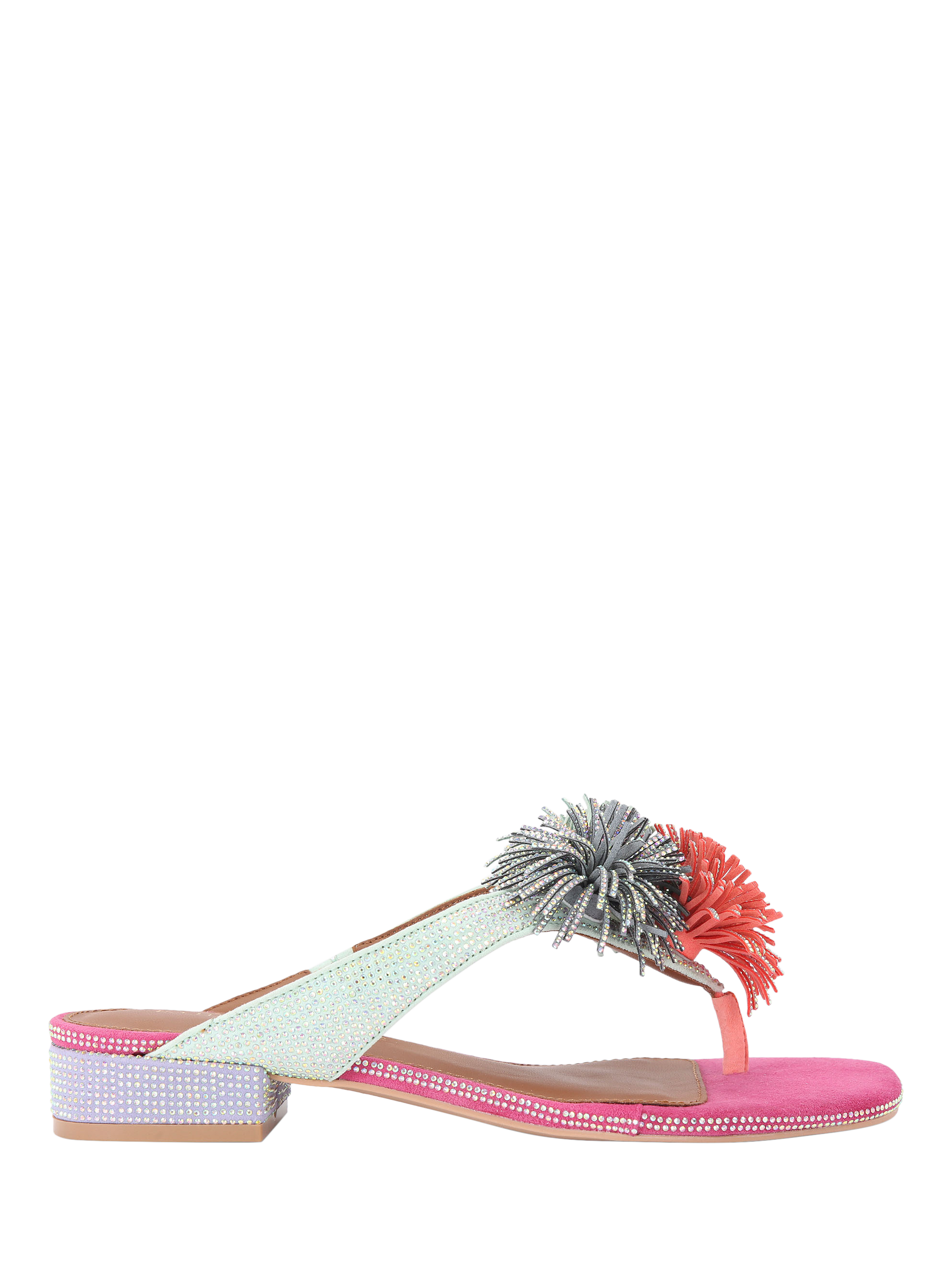 Product image 1 of 4, which shows Kurt Geiger London Pom Pom Suede T-Bar Sandals, Multi, 3