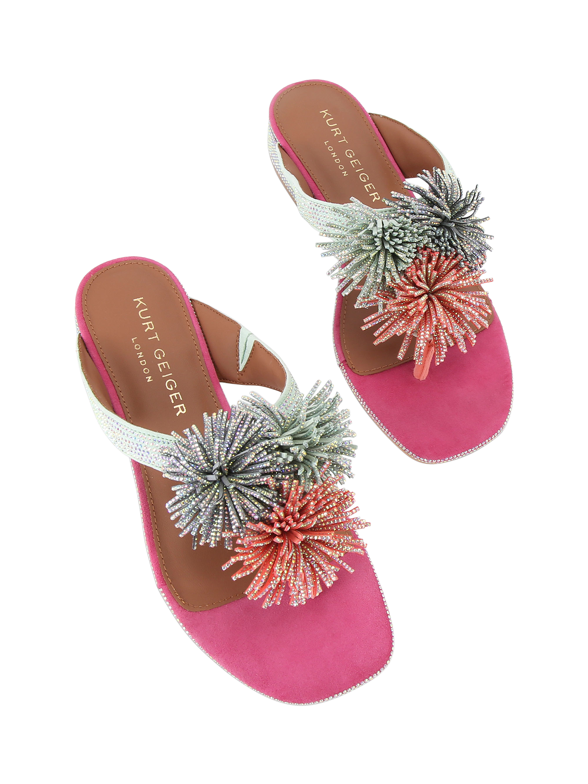 Product image 3 of 4, which shows Kurt Geiger London Pom Pom Suede T-Bar Sandals, Multi, 3