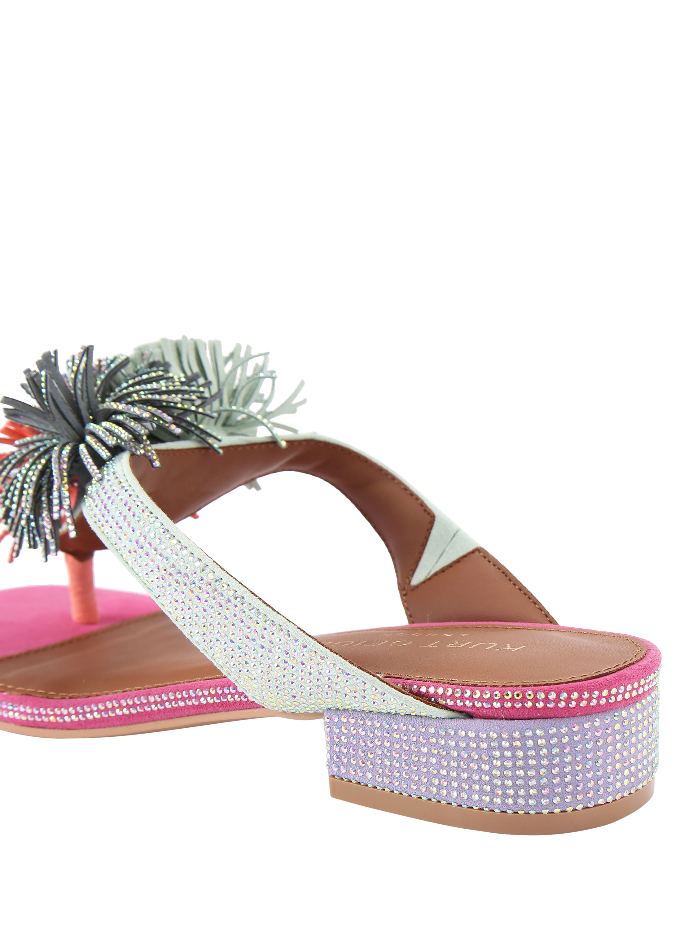 Product image 4 of 4, which shows Kurt Geiger London Pom Pom Suede T-Bar Sandals, Multi, 3