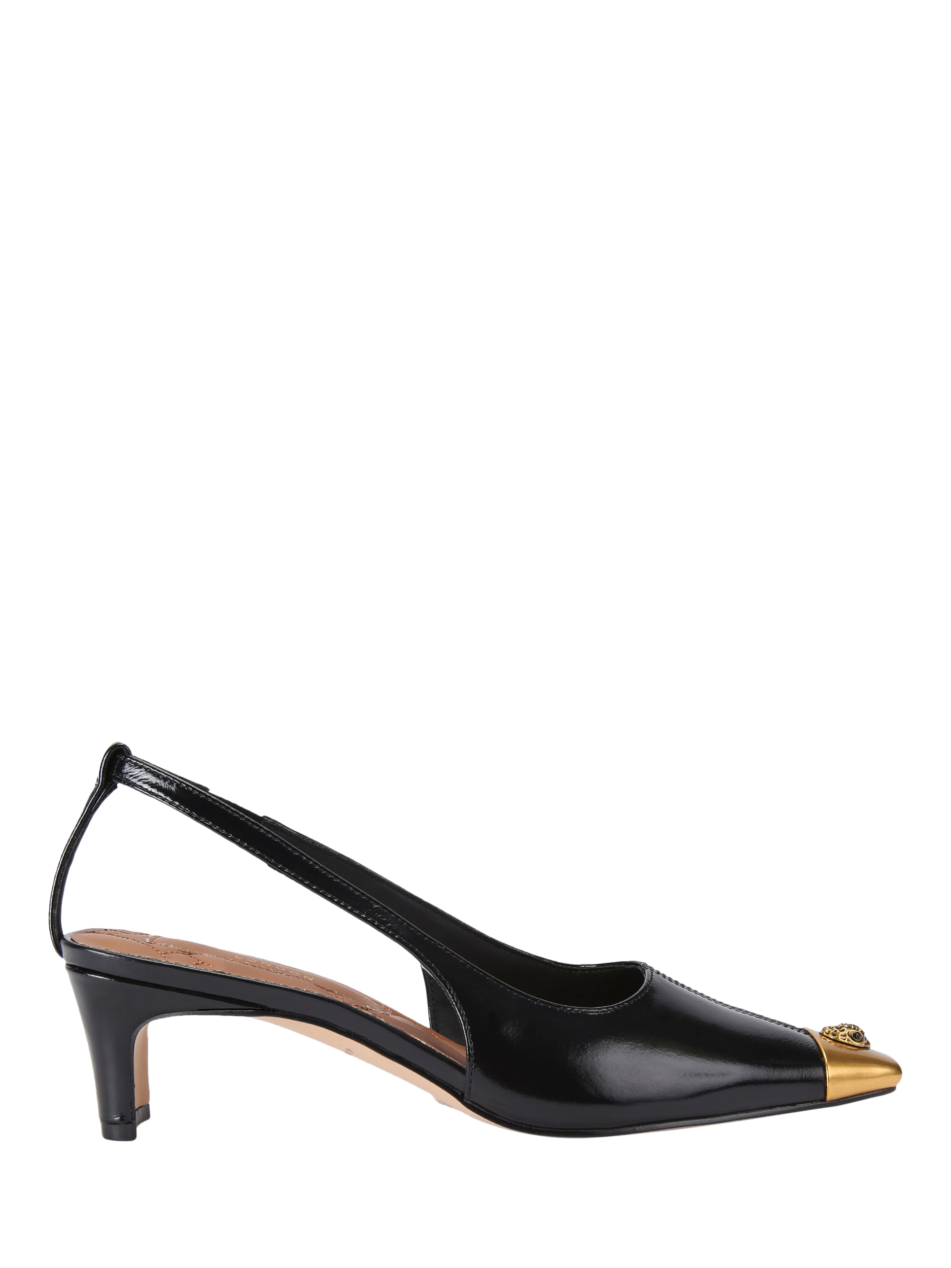 Product image 1 of 4, which shows Kurt Geiger London Regent Patent Low Open Heeled Courts, Black, 3