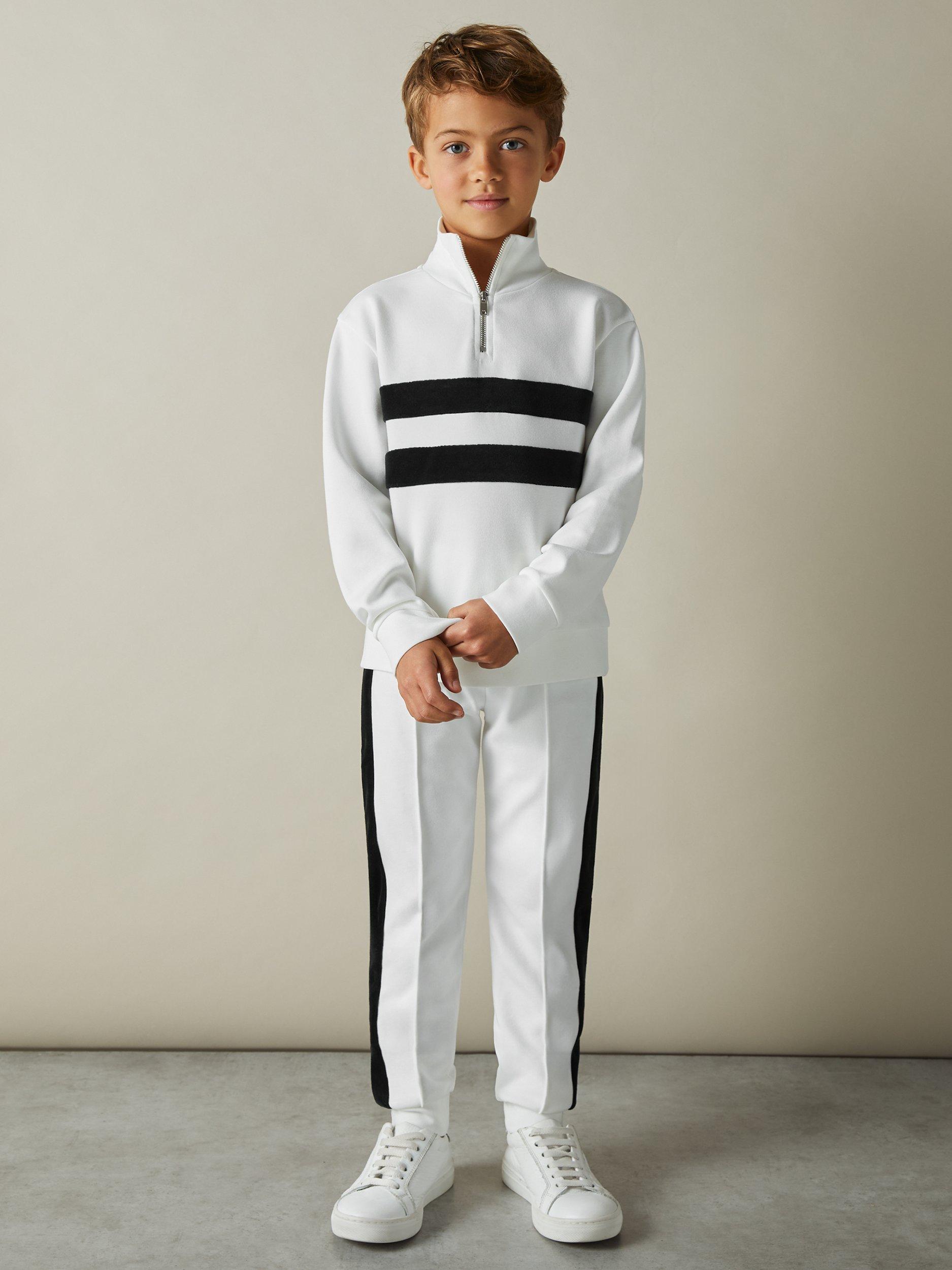 Product image 1 of 4, which shows Reiss Kids' Montane Half Zip Funnel Neck Velour Jumper, White/Emerald Green, 13-14 years