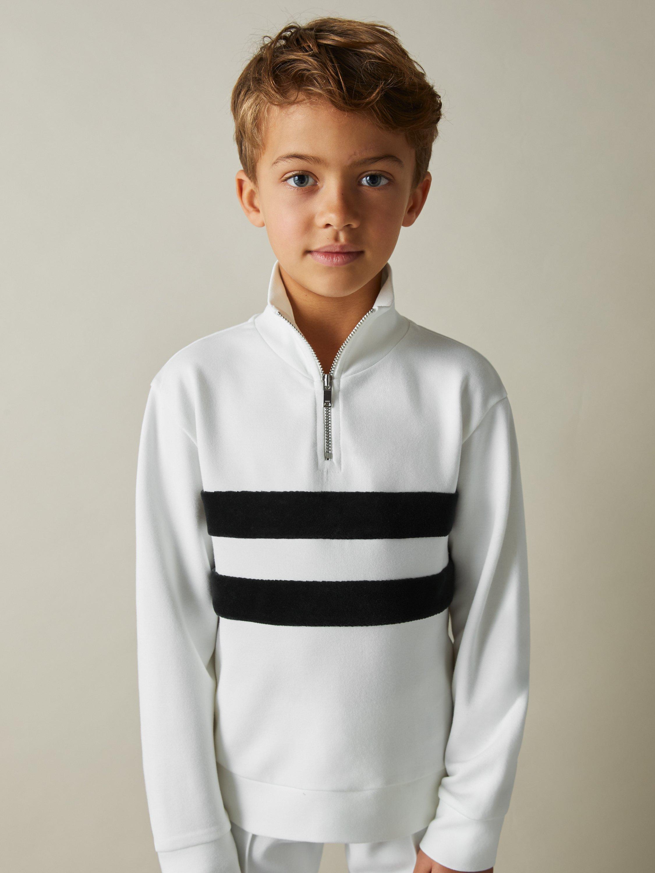 Product image 3 of 4, which shows Reiss Kids' Montane Half Zip Funnel Neck Velour Jumper, White/Emerald Green, 13-14 years