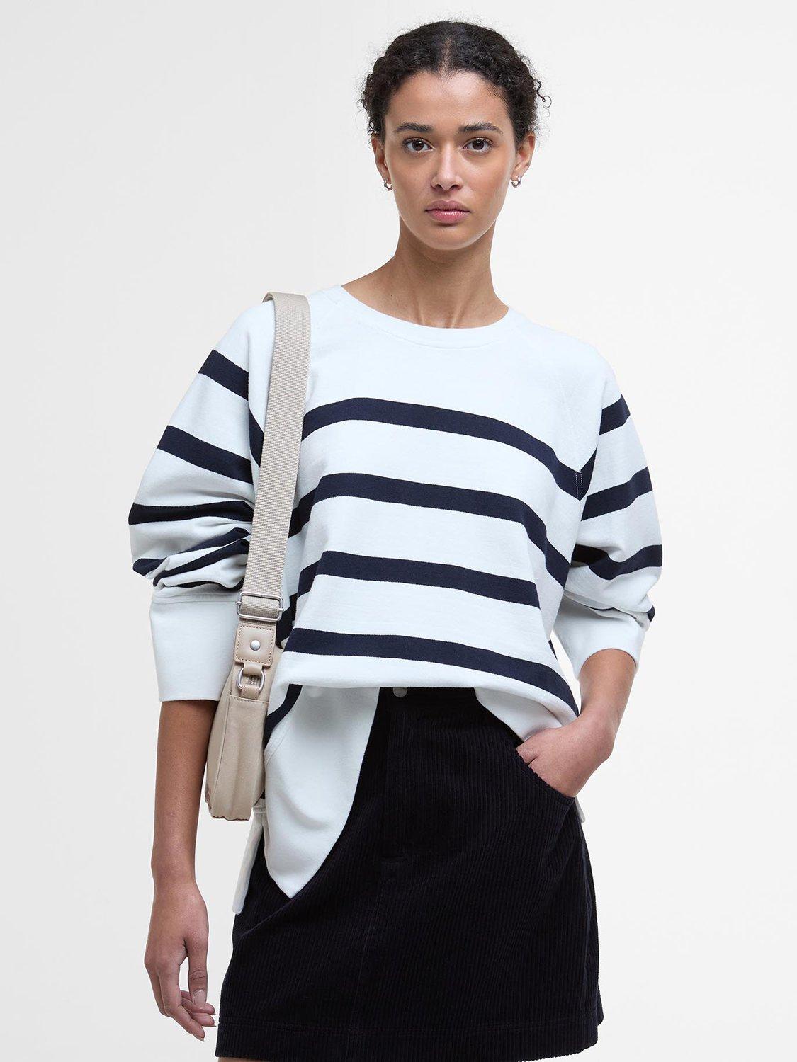 Product image 1 of 7, which shows Barbour Delaney Striped Cotton Sweatshirt, White/Navy, 8