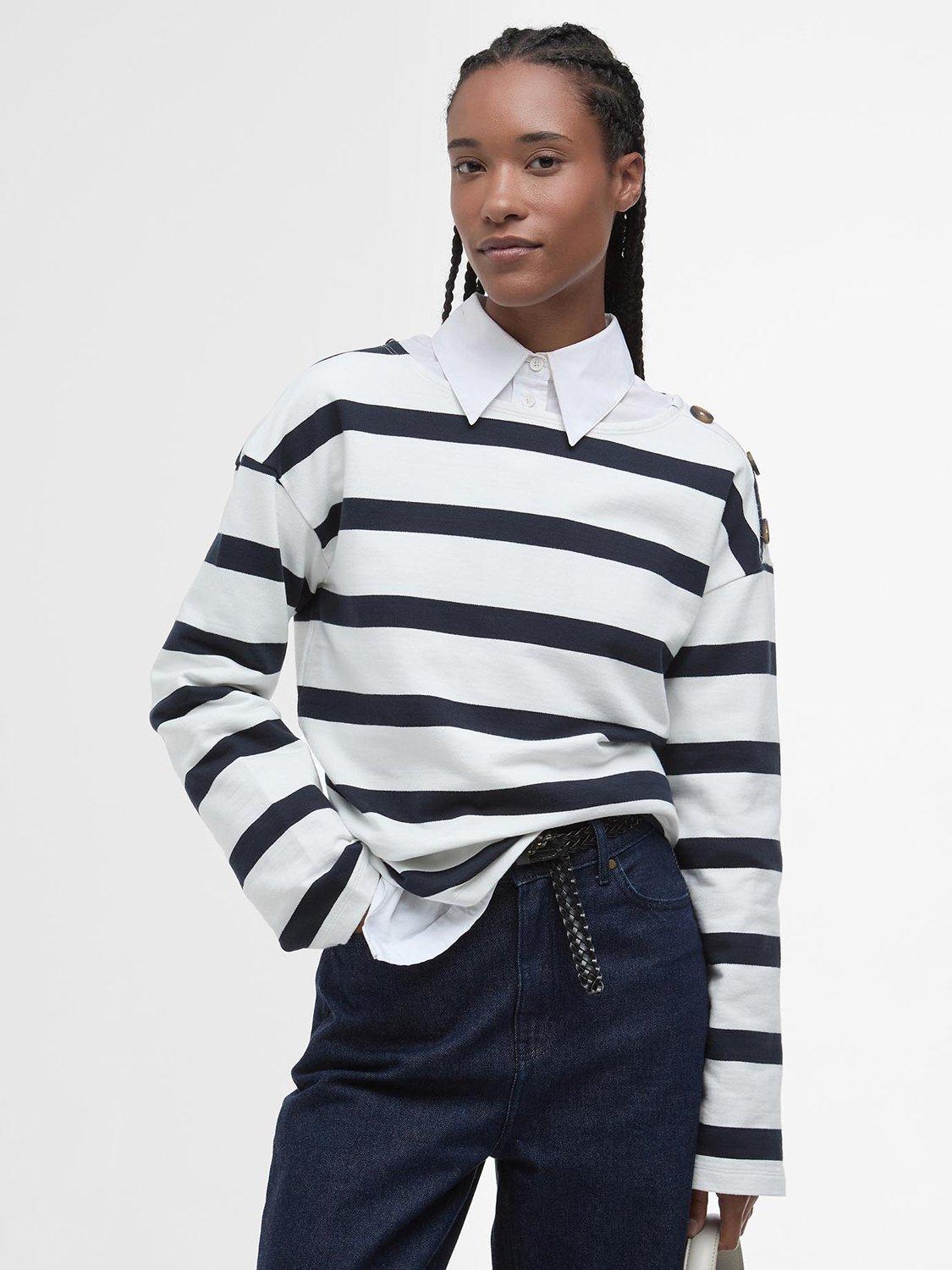 Product image 1 of 7, which shows Barbour Caroline Striped Cotton Sweatshirt, White/Navy, 10