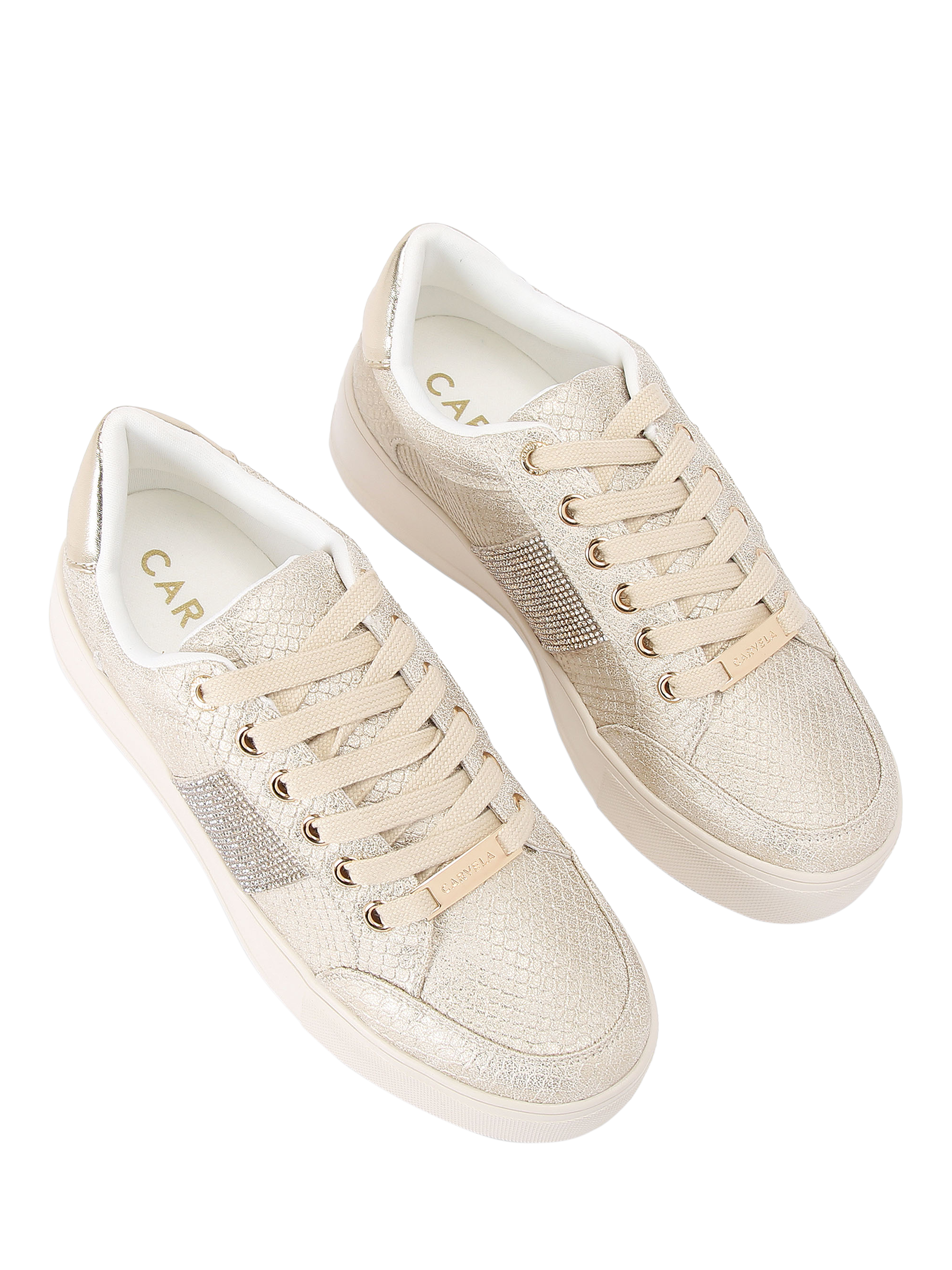 Product image 3 of 5, which shows Carvela Jive Lace-Up Metallic Trainers, Gold, 2