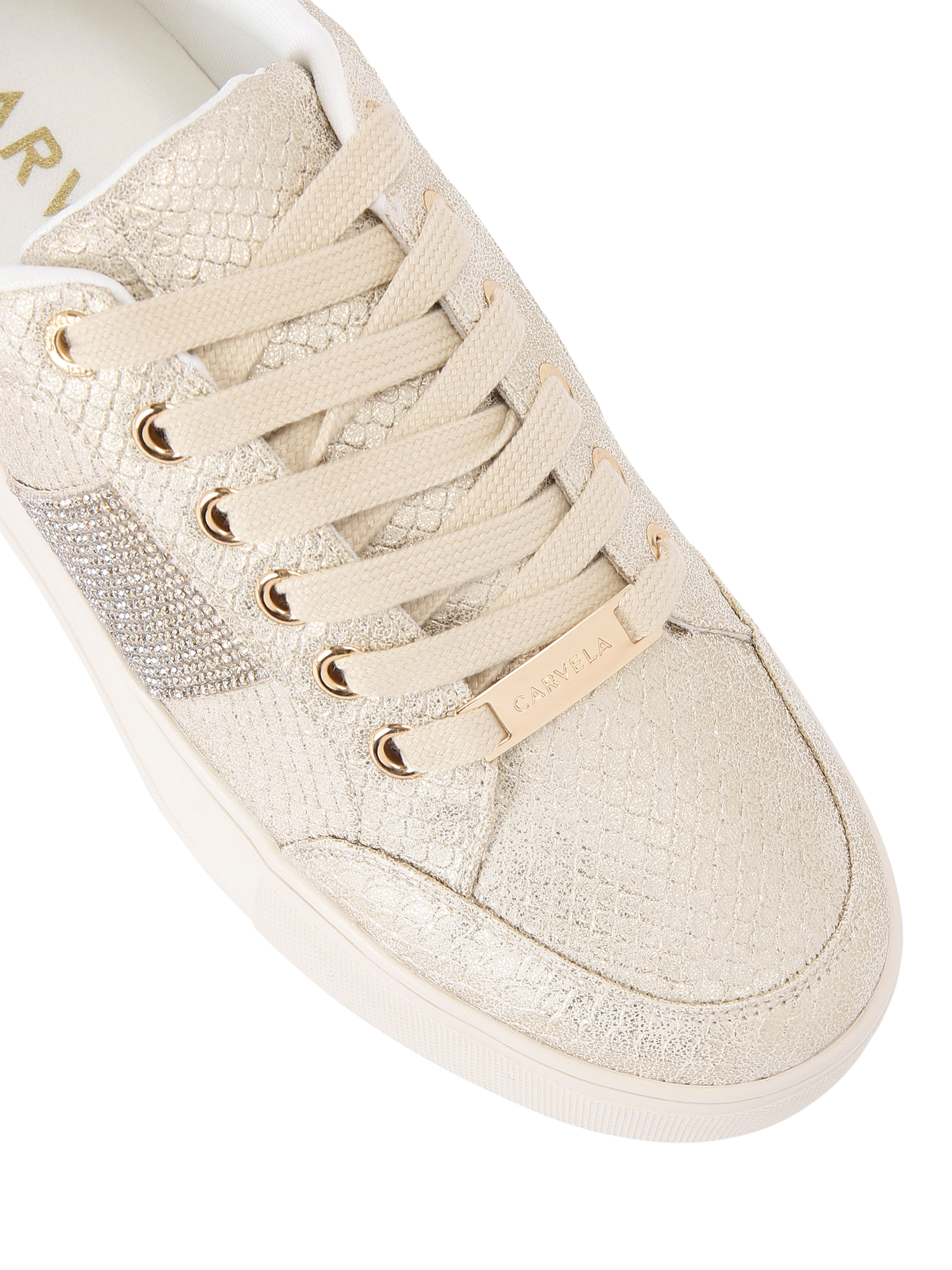 Product image 5 of 5, which shows Carvela Jive Lace-Up Metallic Trainers, Gold, 2