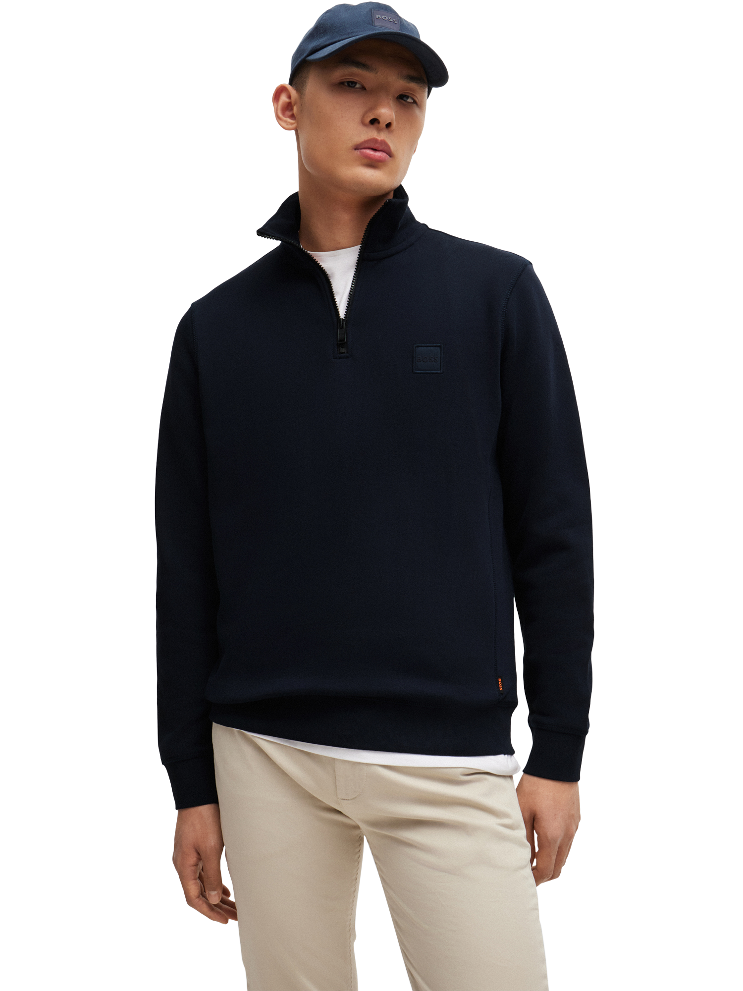 BOSS Cotton Zip Neck Sweatshirt Dark Blue