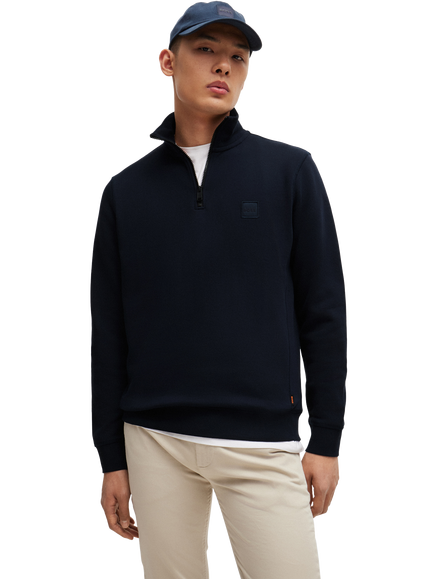 BOSS Cotton Zip-Neck Sweatshirt, Dark Blue, Dark Blue