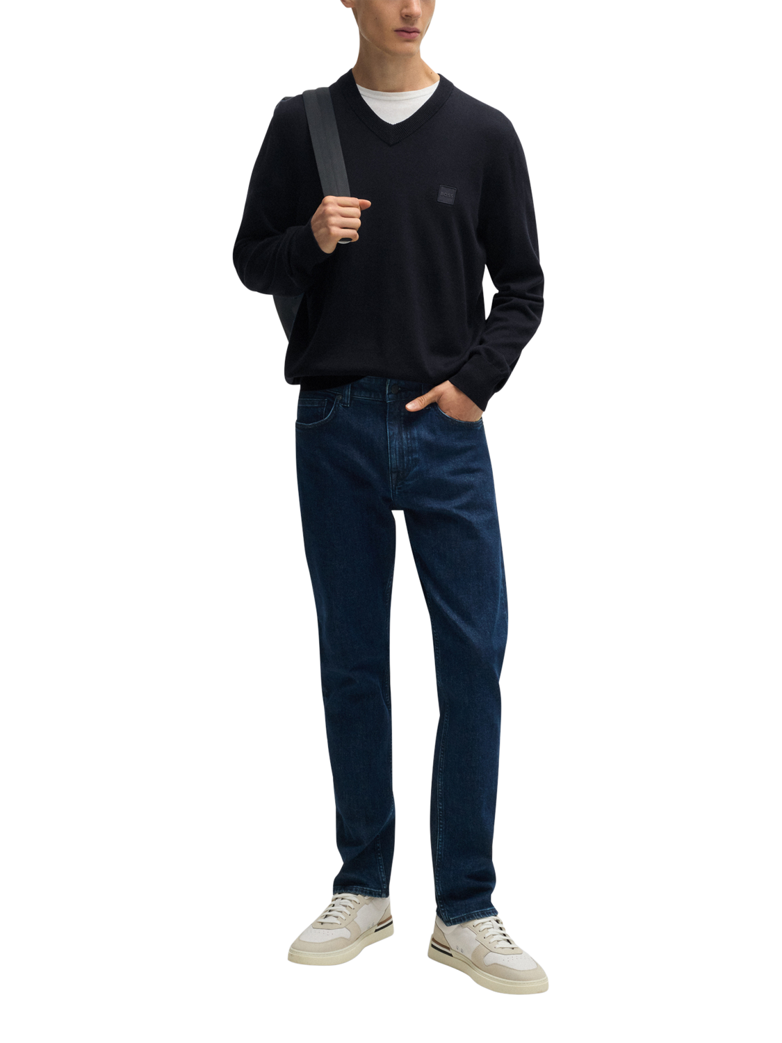 Product image 3 of 5, which shows BOSS Cotton & Cashmere V-Neck Jumper, Dark Blue, S