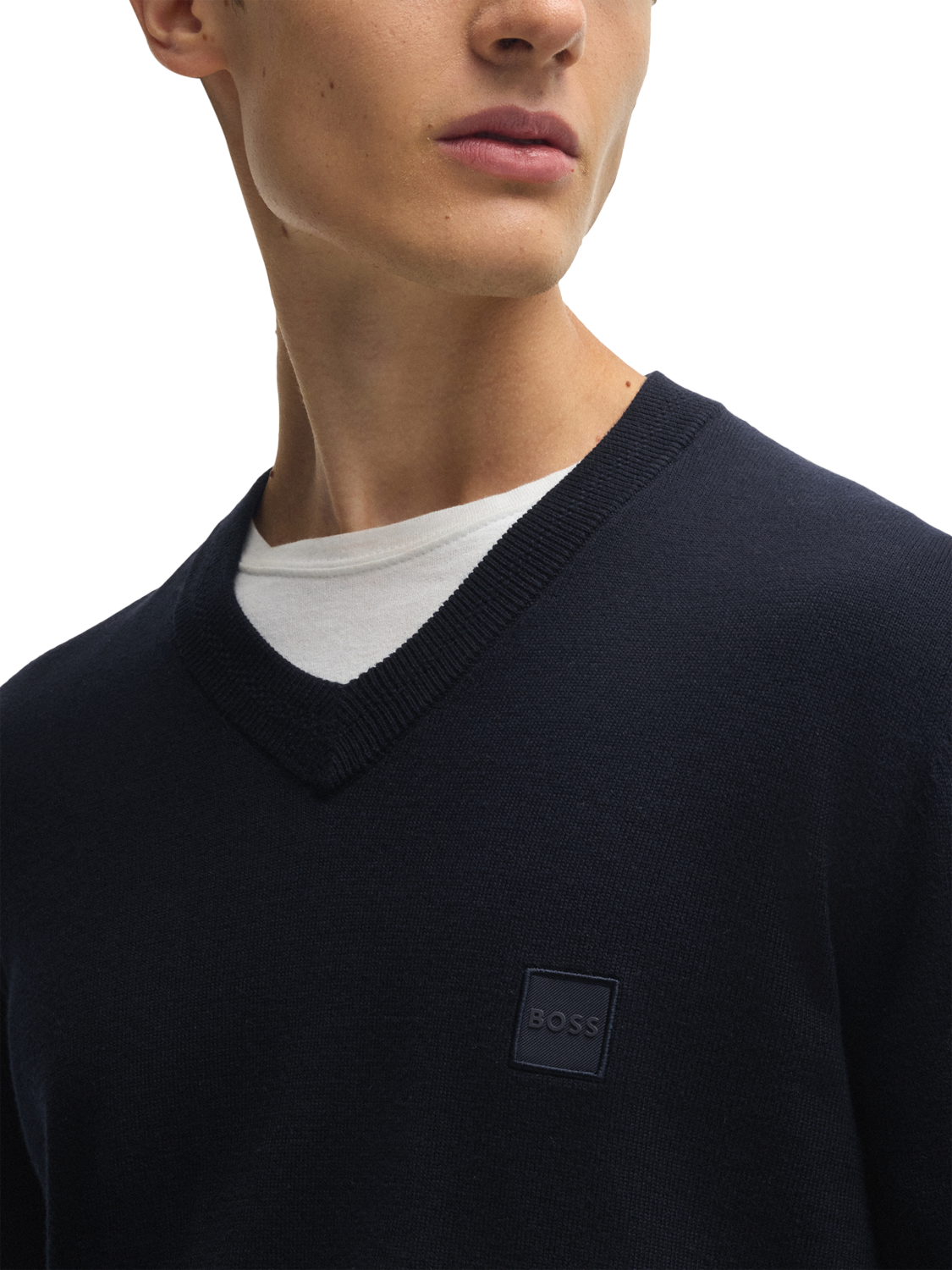 Product image 5 of 5, which shows BOSS Cotton & Cashmere V-Neck Jumper, Dark Blue, S