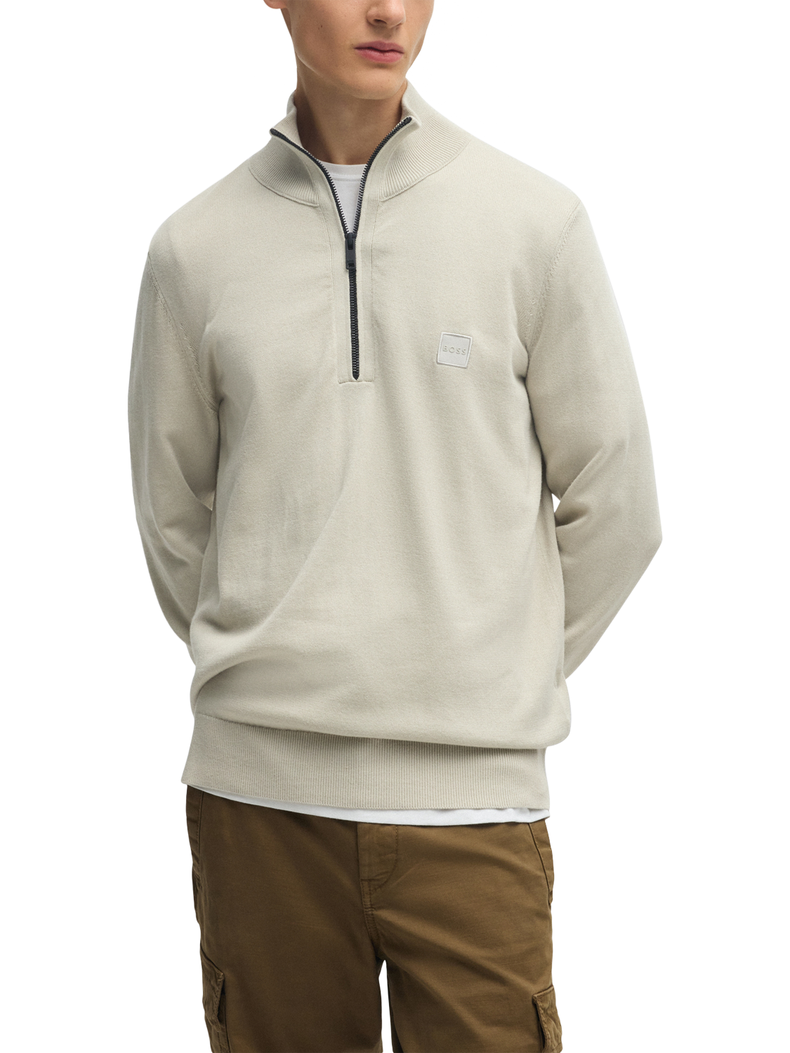 Product image 1 of 5, which shows BOSS Cotton & Cashmere Blend Jumper, Light Beige, S