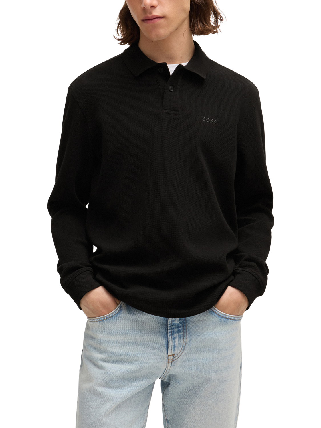 Product image 1 of 5, which shows BOSS Cotton Blend Regular Fit Long Sleeve Polo Shirt, Black, M