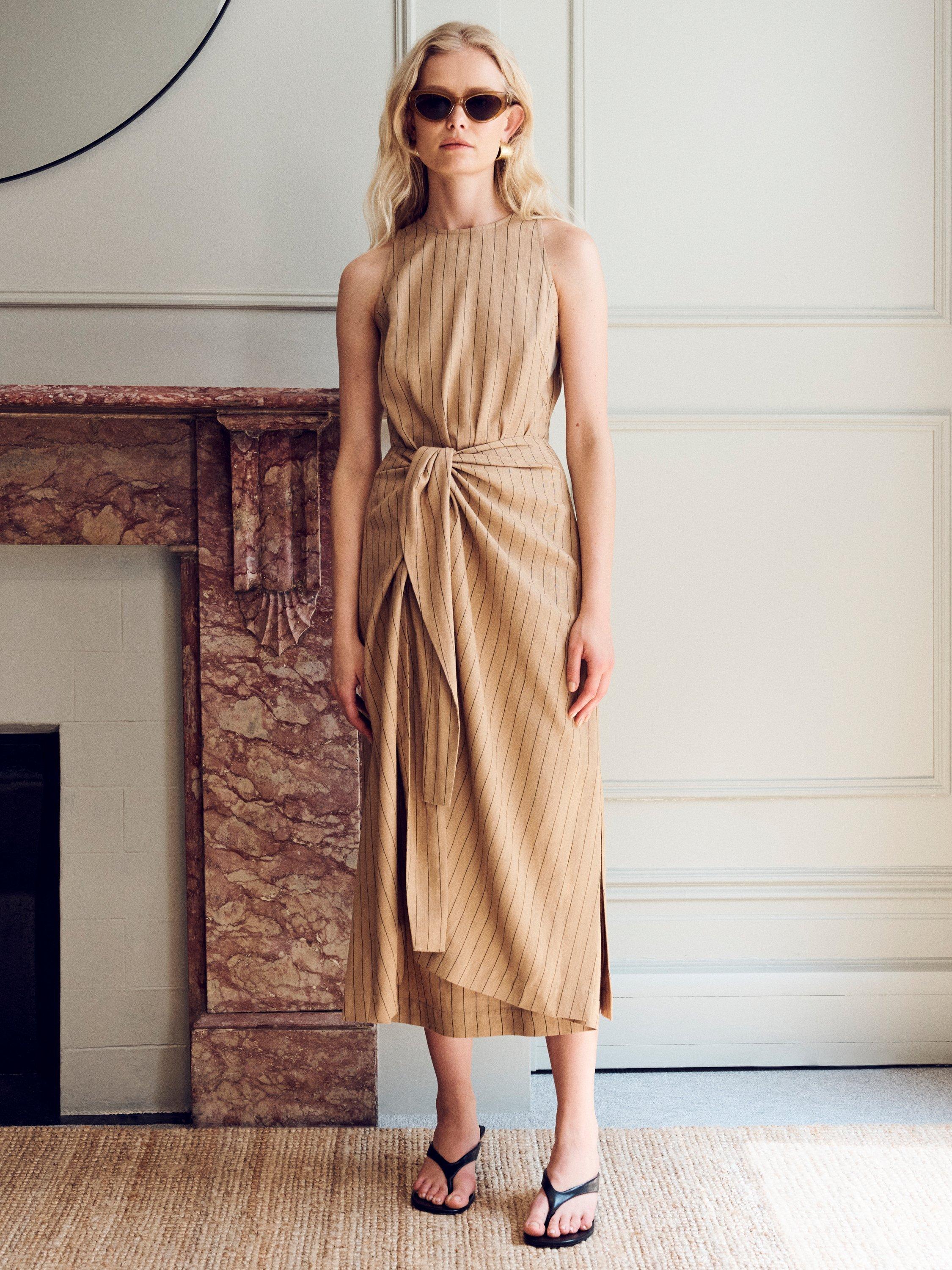 Product image 1 of 5, which shows VIVERE Frankie Tie Waist Dress, Beige, 6