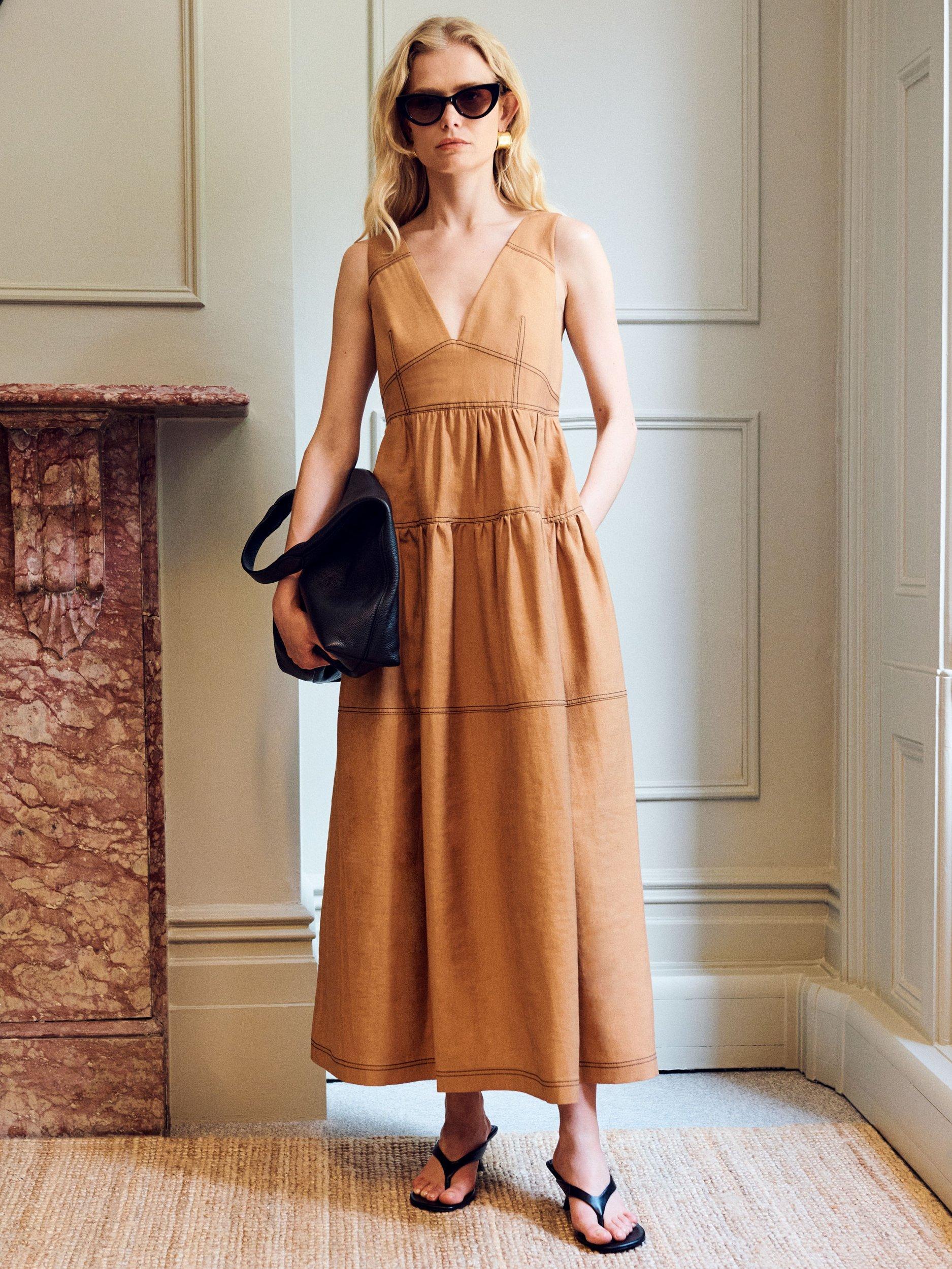 Product image 1 of 6, which shows VIVERE Polly Topstitch Sun Dress, Caramel, 6