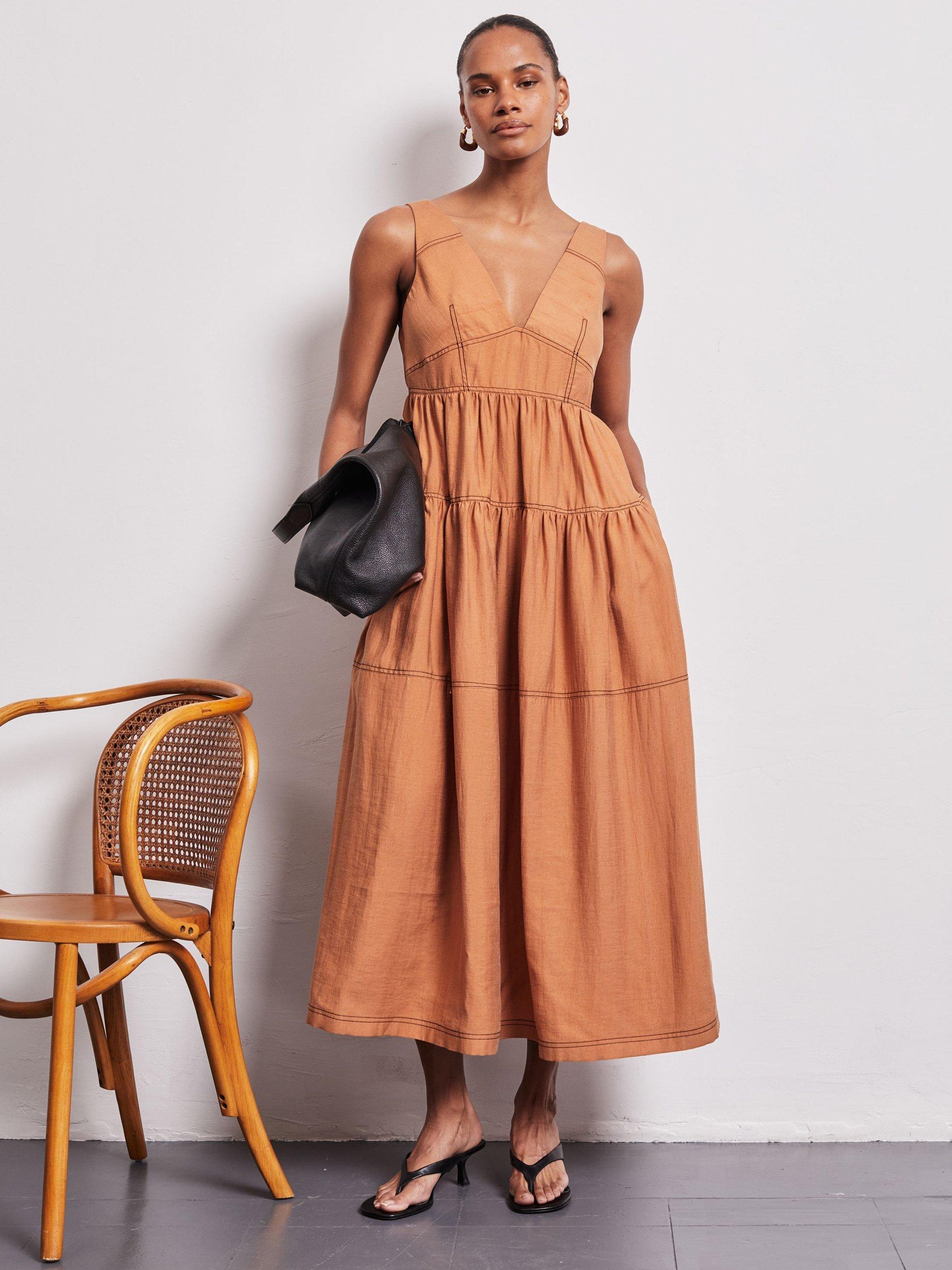 Product image 3 of 6, which shows VIVERE Polly Topstitch Sun Dress, Caramel, 6