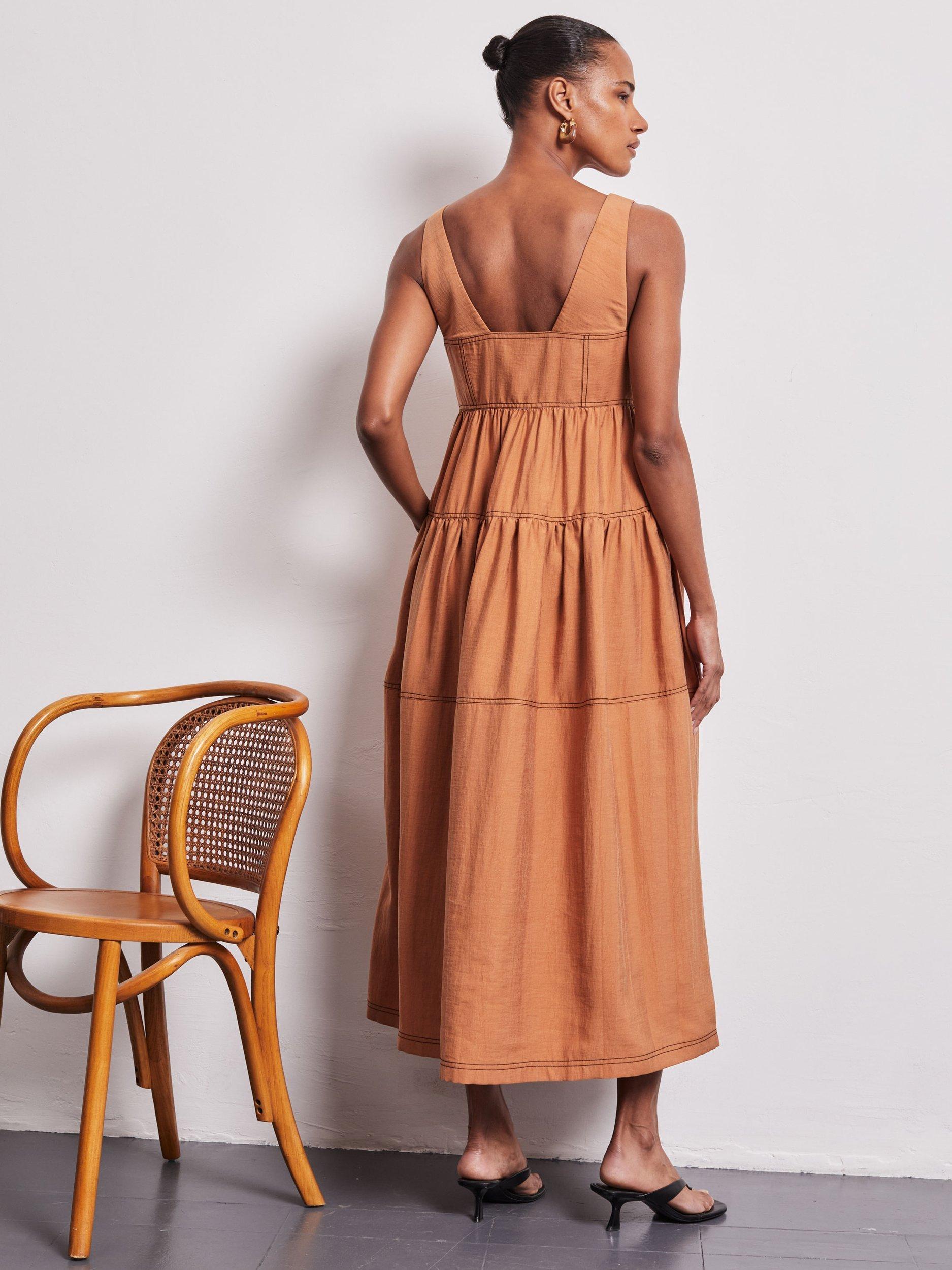 Product image 4 of 6, which shows VIVERE Polly Topstitch Sun Dress, Caramel, 6