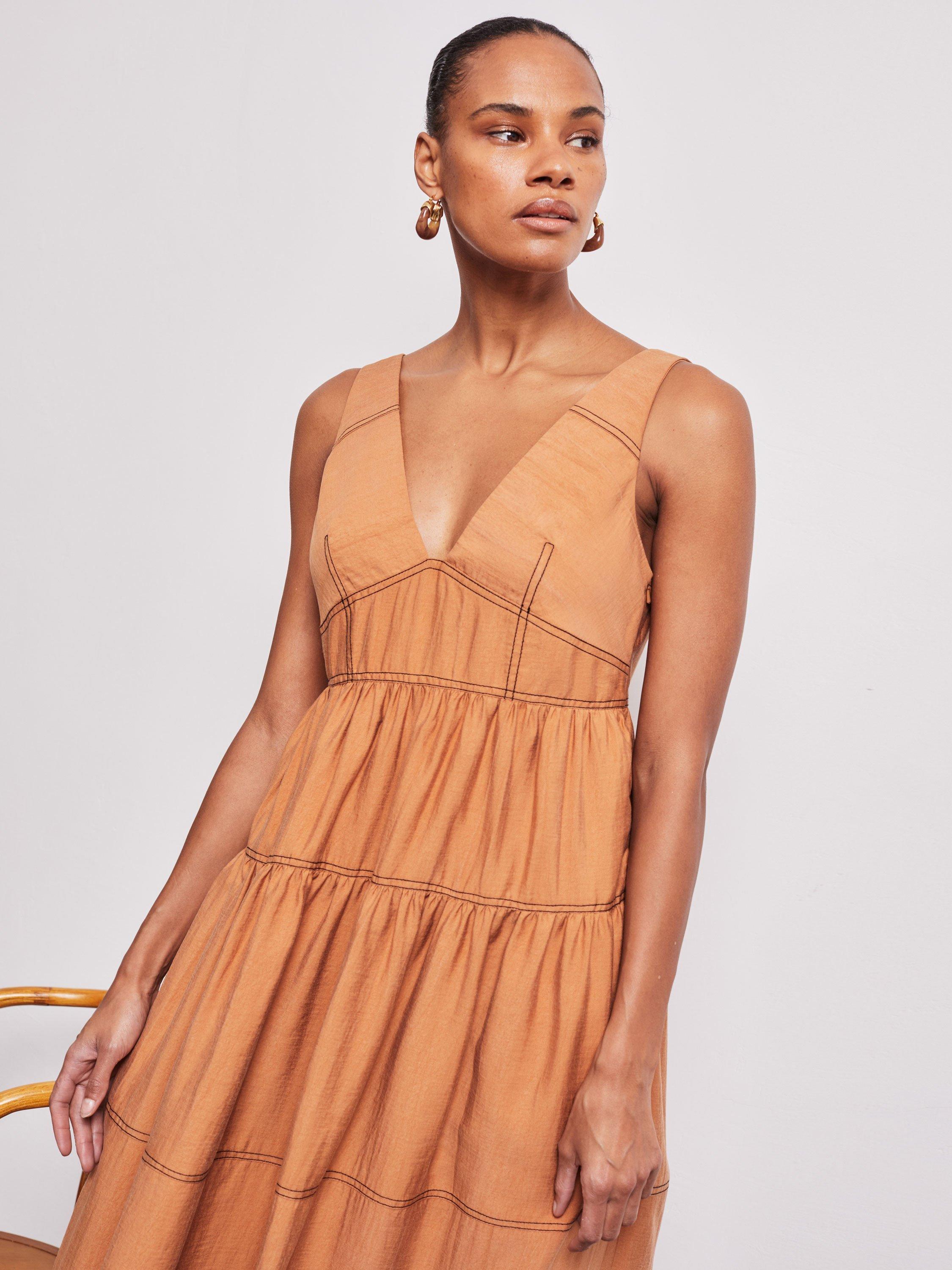 Product image 5 of 6, which shows VIVERE Polly Topstitch Sun Dress, Caramel, 6