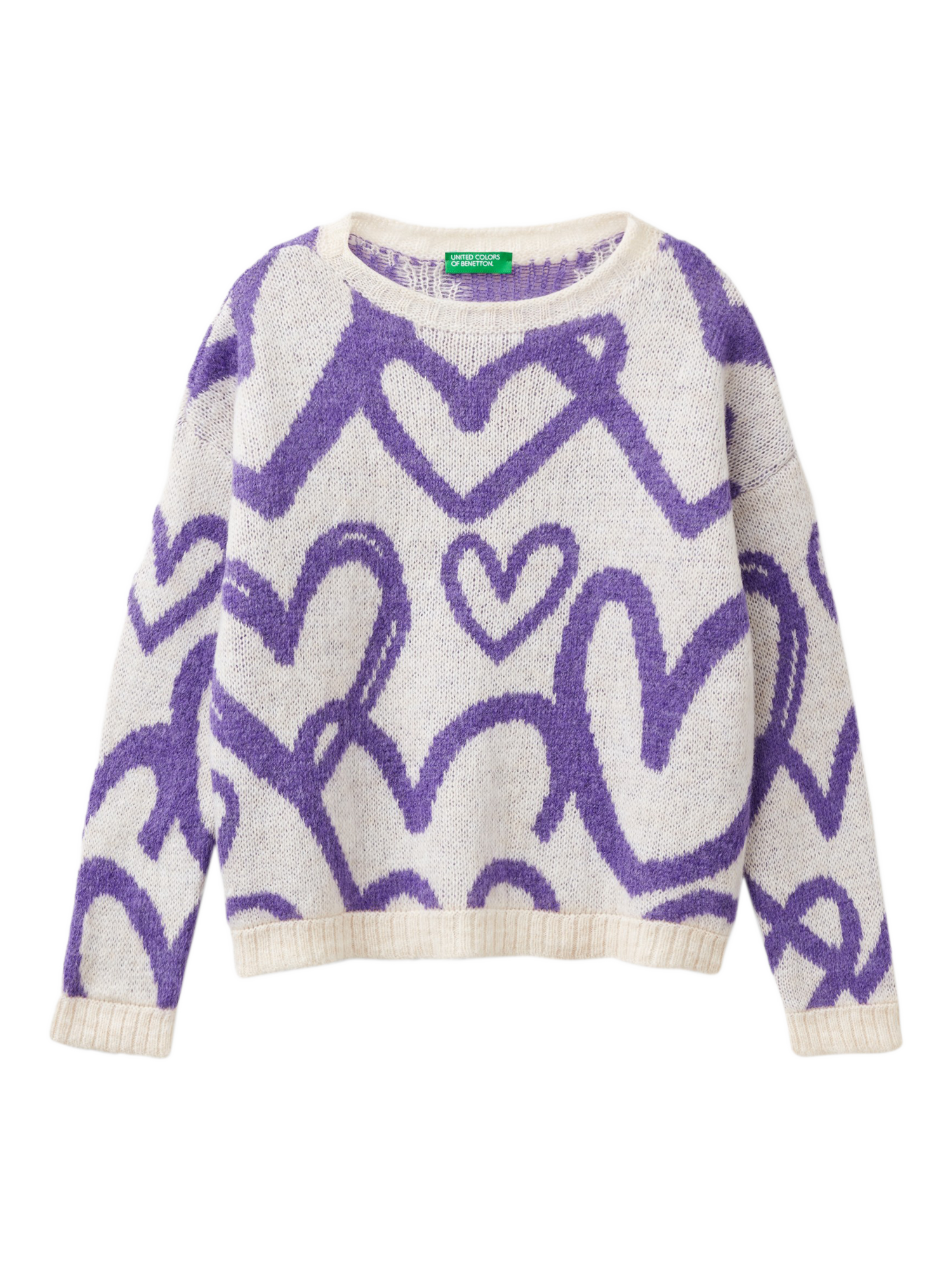 Benetton Kids' Heart Jumper, White Cream/Multi, White Cream/Multi