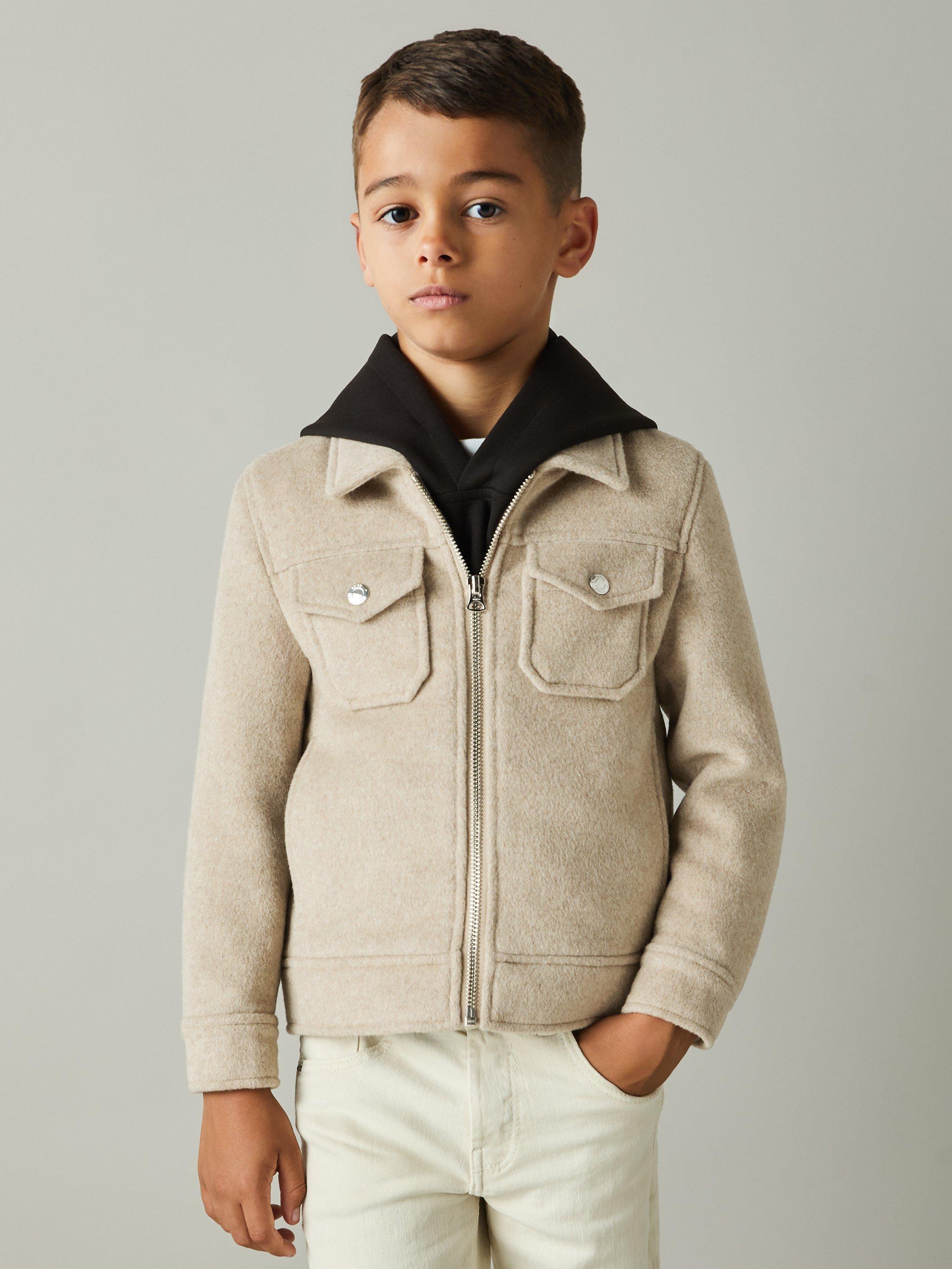 Reiss Kids' Peridoe Wool Blend Trucker Jacket, Oatmeal