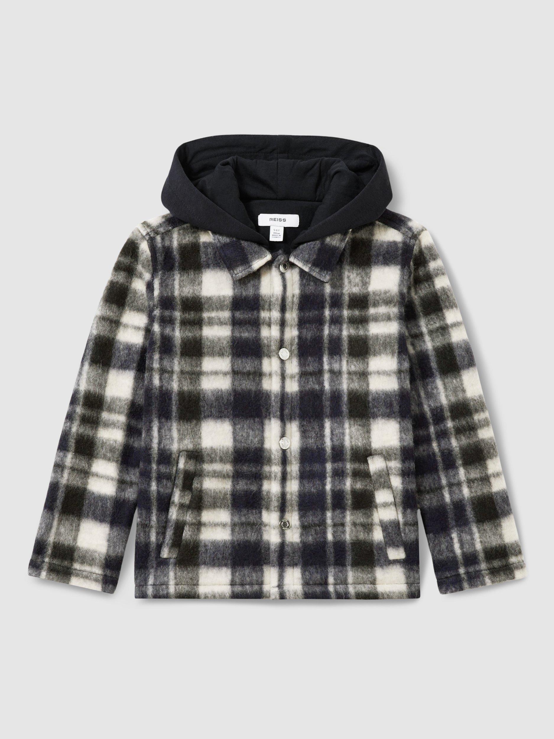Reiss Kids' Wade Removable-Hood Brushed Check Overshirt, Navy/White