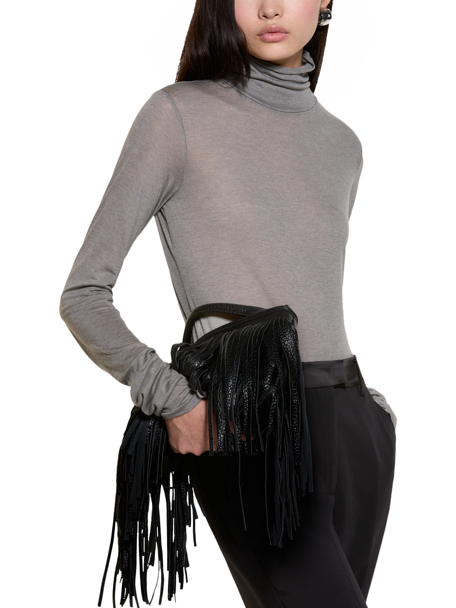 Product image 1 of 5, which shows SISLEY Ruffle Cuff Long Sleeve Top, Grey, S