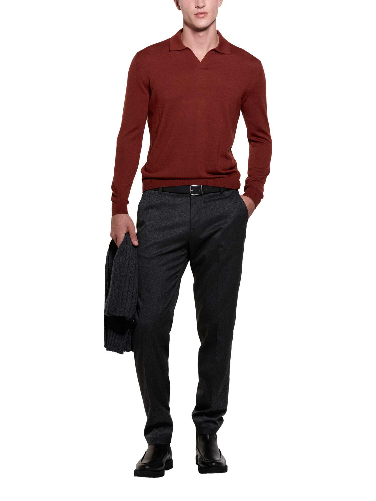 Product image 3 of 4, which shows SISLEY Wool Blend Regular Fit Long Sleeve Polo Shirt, Red, XXL