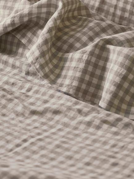 Piglet in Bed Gingham Linen Flat Sheet, Mushroom