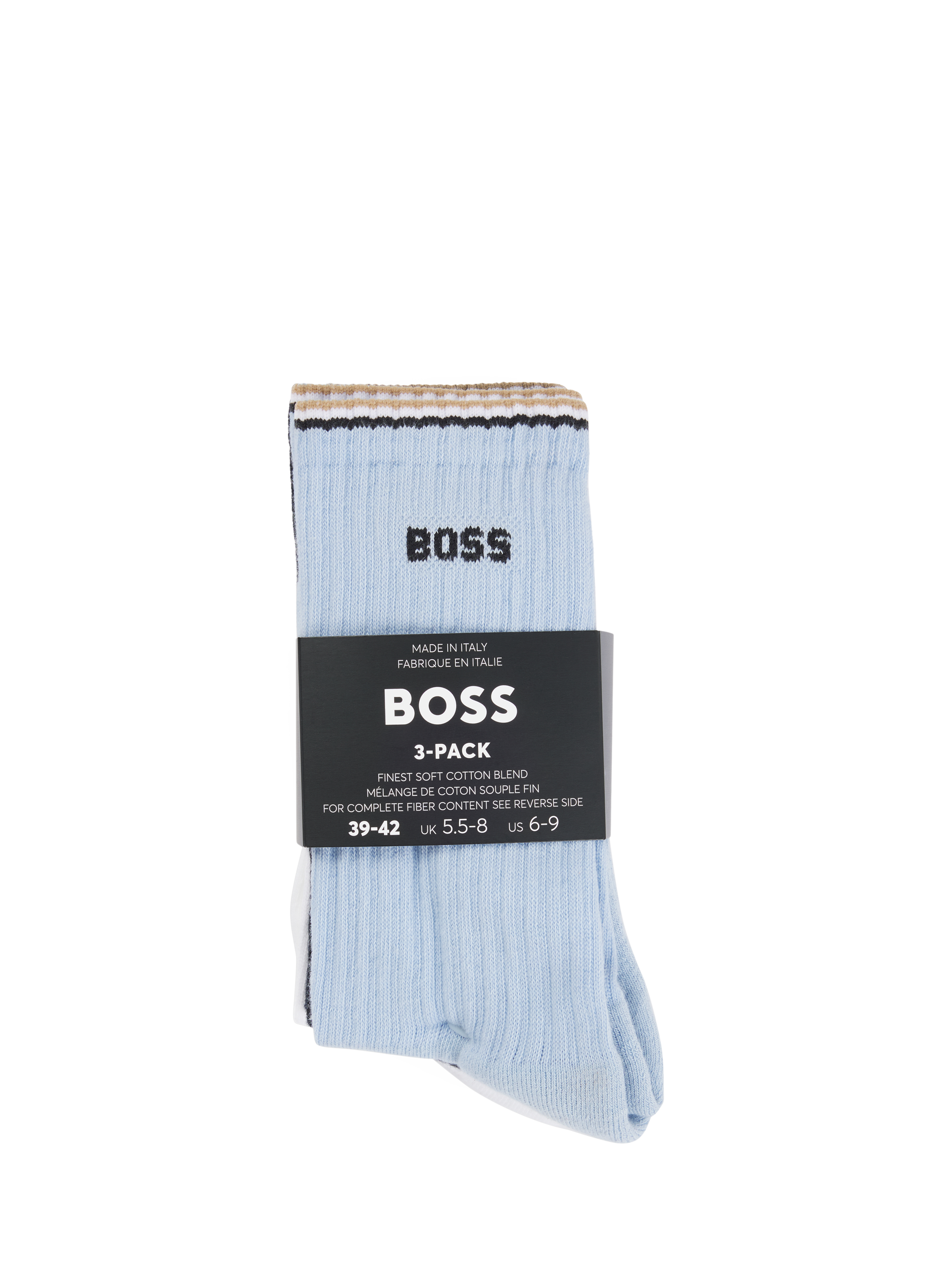 Product image 2 of 3, which shows BOSS Logo Stripe Ankle Socks, Pack of 3, Pale Blue/Multi, S-M