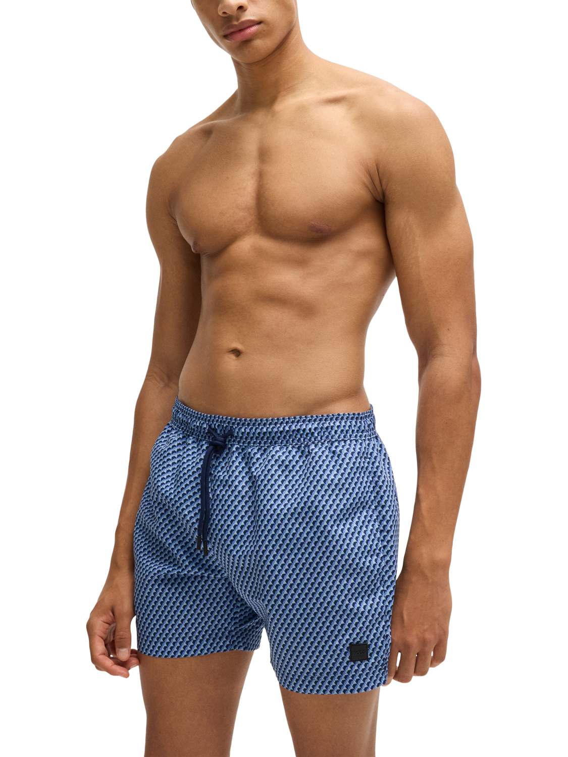 Product image 1 of 4, which shows HUGO BOSS BOSS Logo-Label Patterned Swim Shorts, Blue/Multi, M