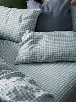 Piglet in Bed Gingham Linen Fitted Sheet, Warm Blue