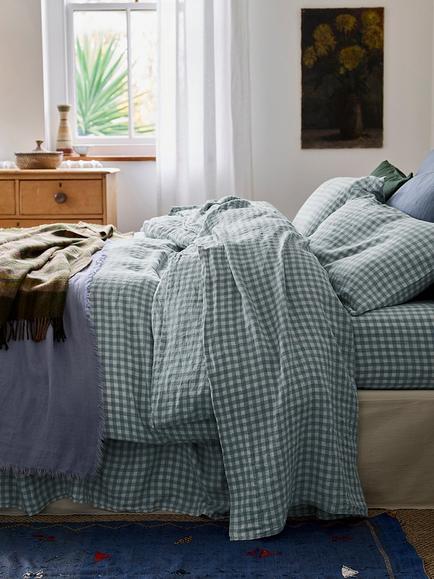 Piglet in Bed Gingham Linen Flat Sheet, Warm Blue