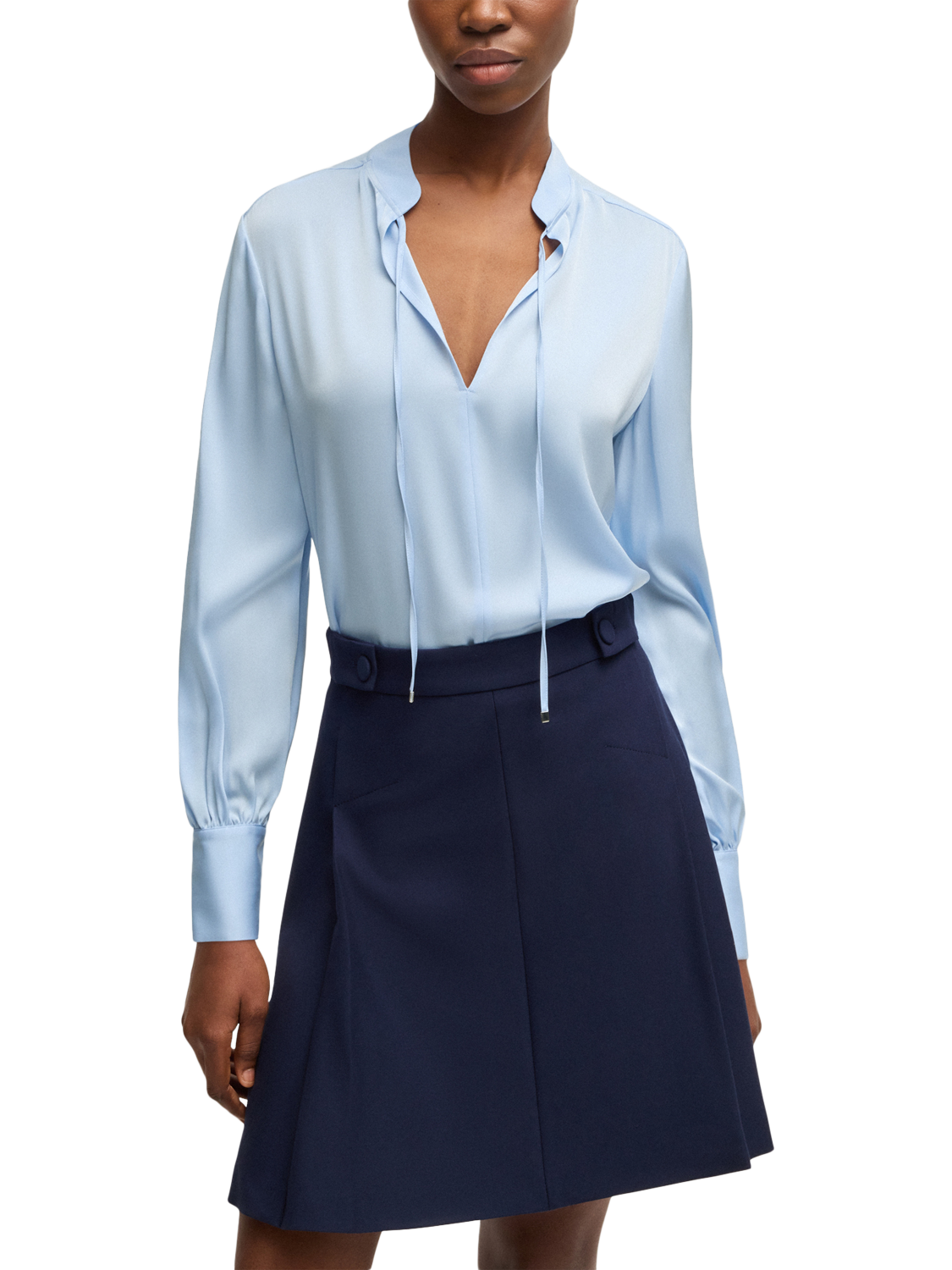 Product image 1 of 6, which shows BOSS Barabi Silk Rich Tie Front Top, Light Blue, 4
