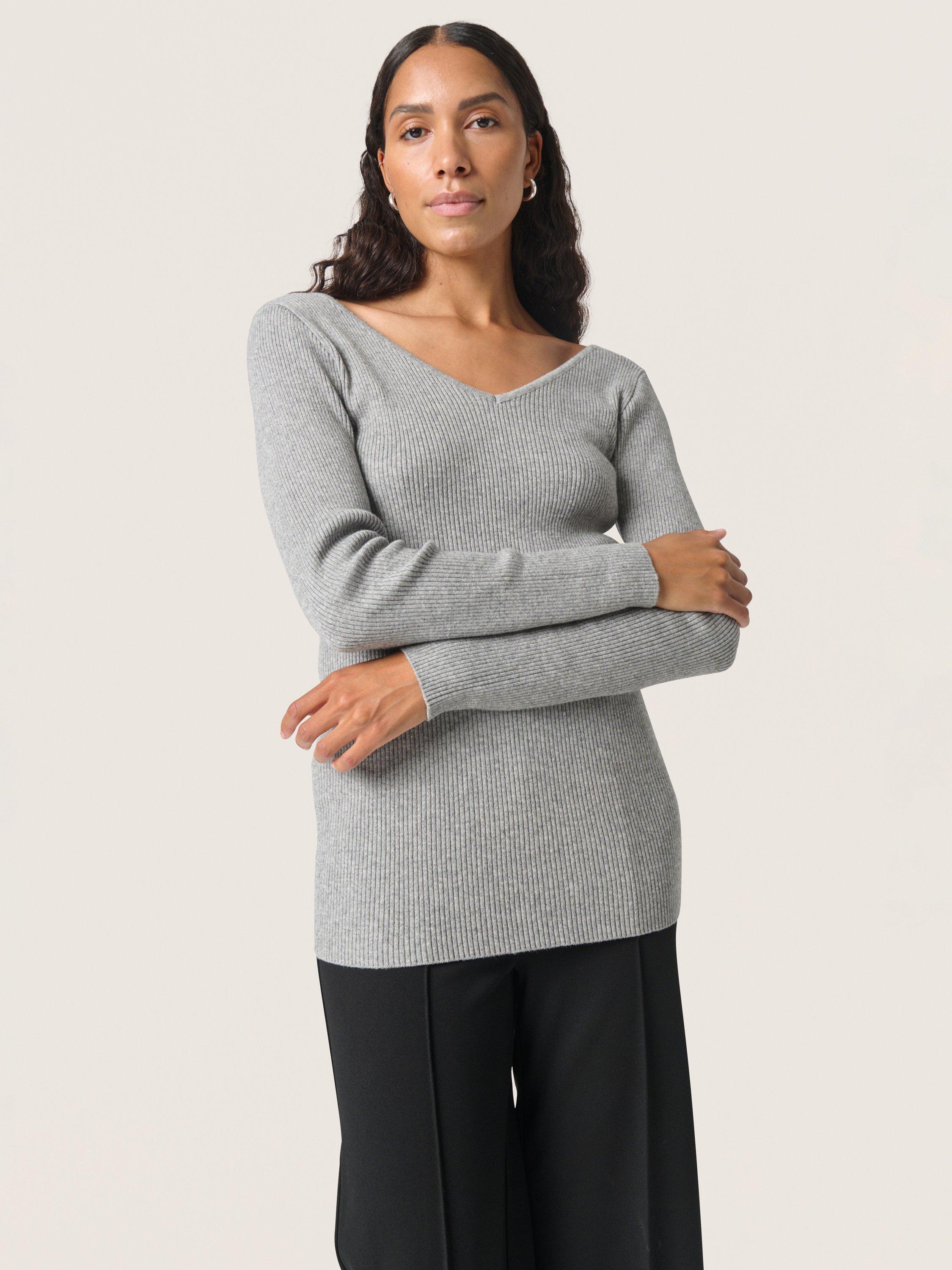 Product image 1 of 6, which shows Soaked In Luxury Sanja Wide V-Neck Jumper, Porpoise Melange, XS