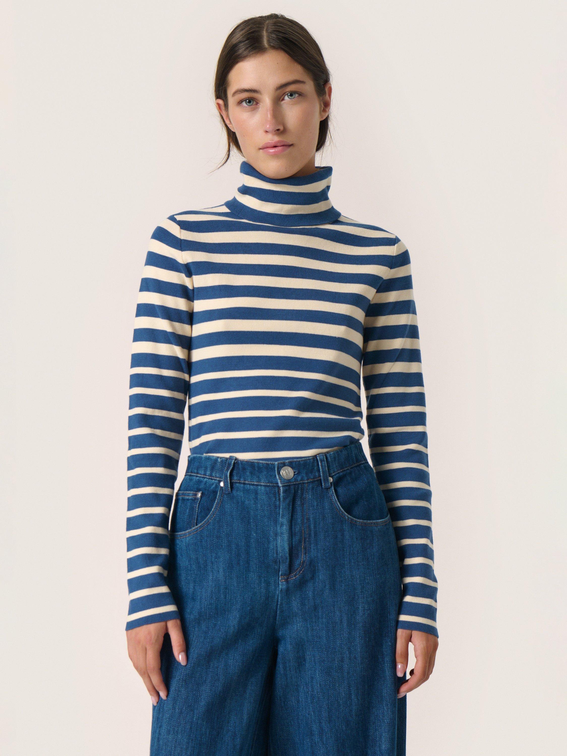 Product image 1 of 6, which shows Soaked In Luxury Spina Stripe Roll Neck Jumper, Blue/White, XS