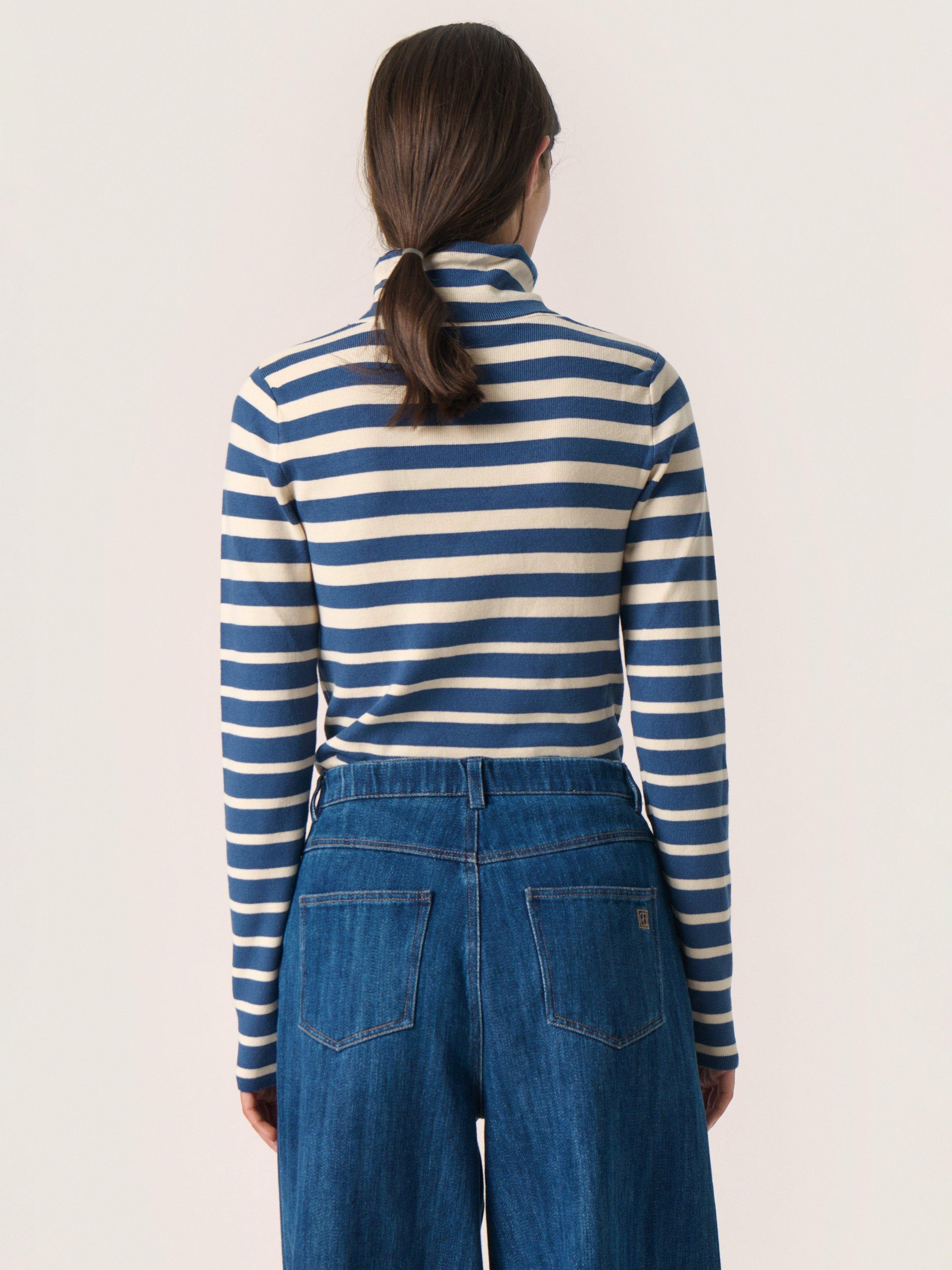 Product image 2 of 6, which shows Soaked In Luxury Spina Stripe Roll Neck Jumper, Blue/White, XS
