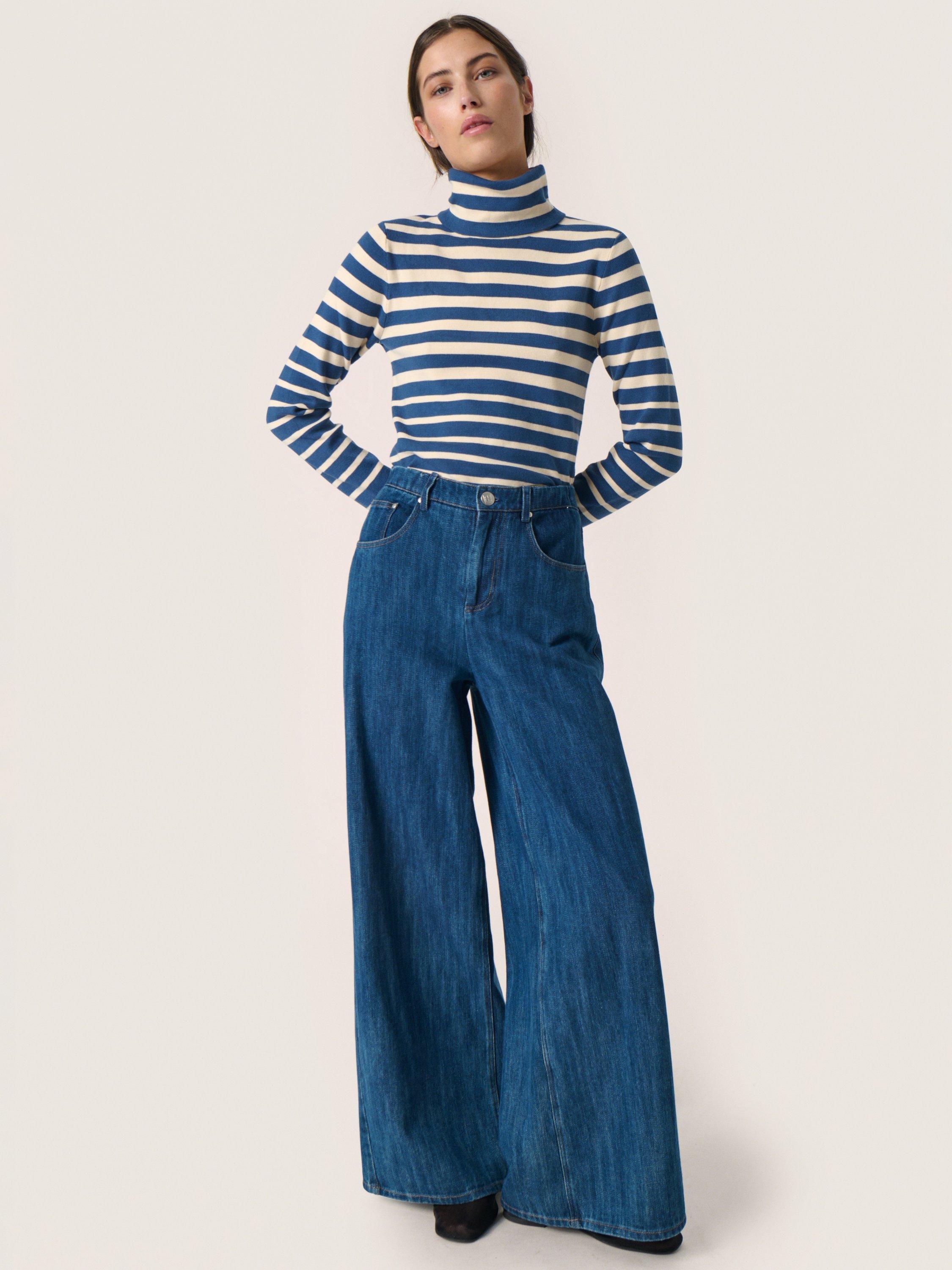 Product image 3 of 6, which shows Soaked In Luxury Spina Stripe Roll Neck Jumper, Blue/White, XS