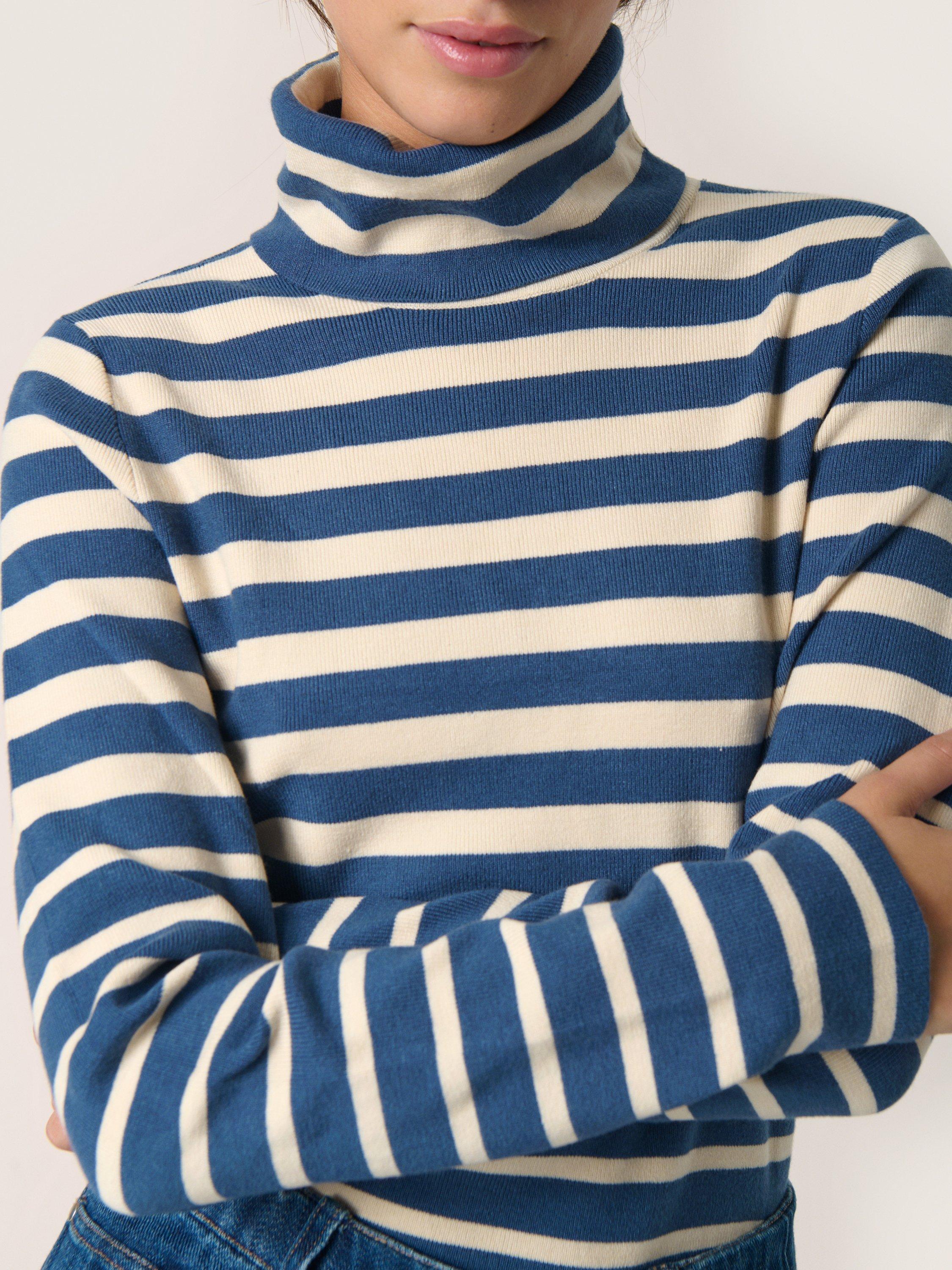 Product image 4 of 6, which shows Soaked In Luxury Spina Stripe Roll Neck Jumper, Blue/White, XS