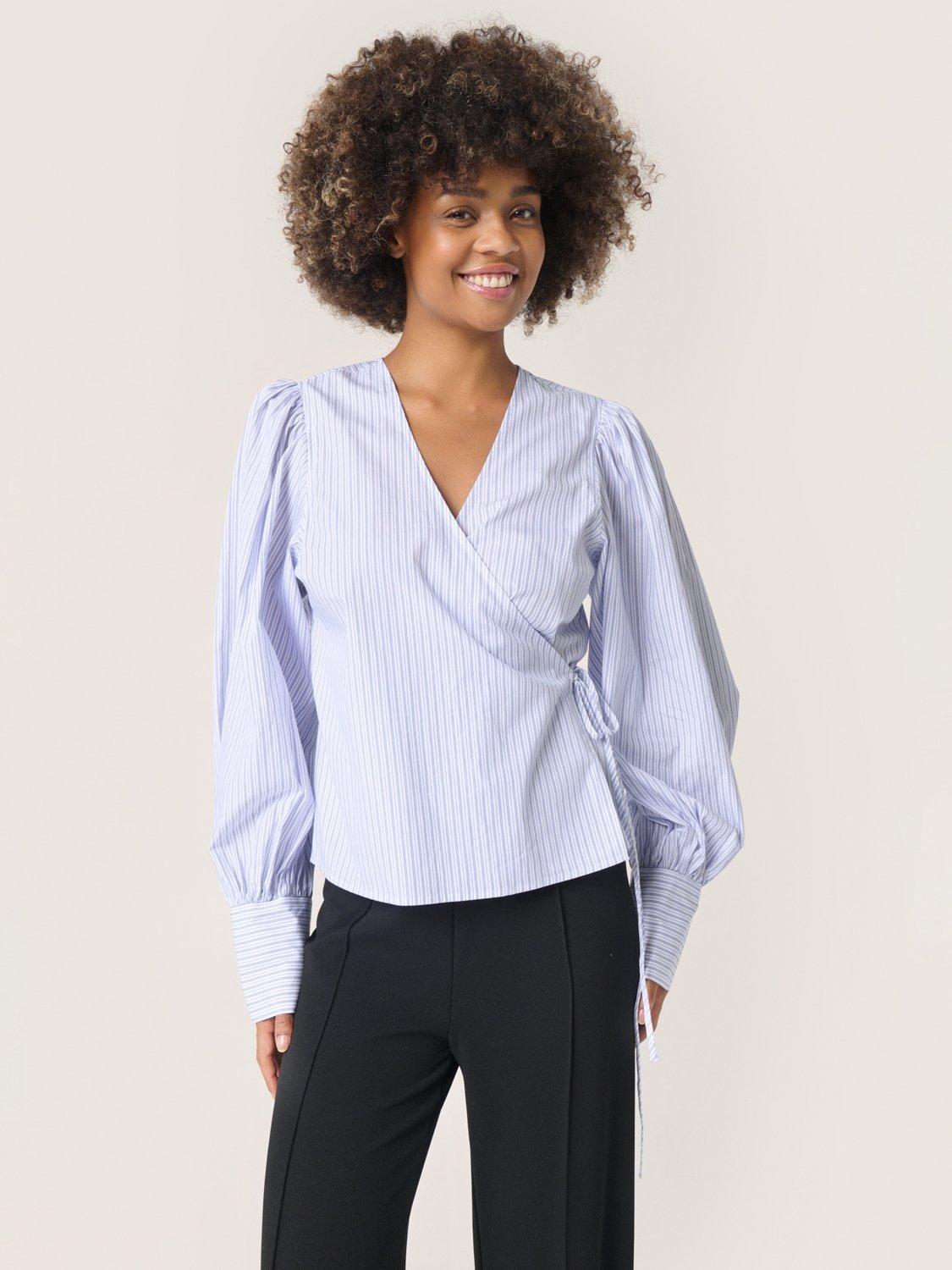 Product image 1 of 6, which shows Soaked In Luxury Oriana Striped Cotton Wrap Blouse, White/Blue, XS
