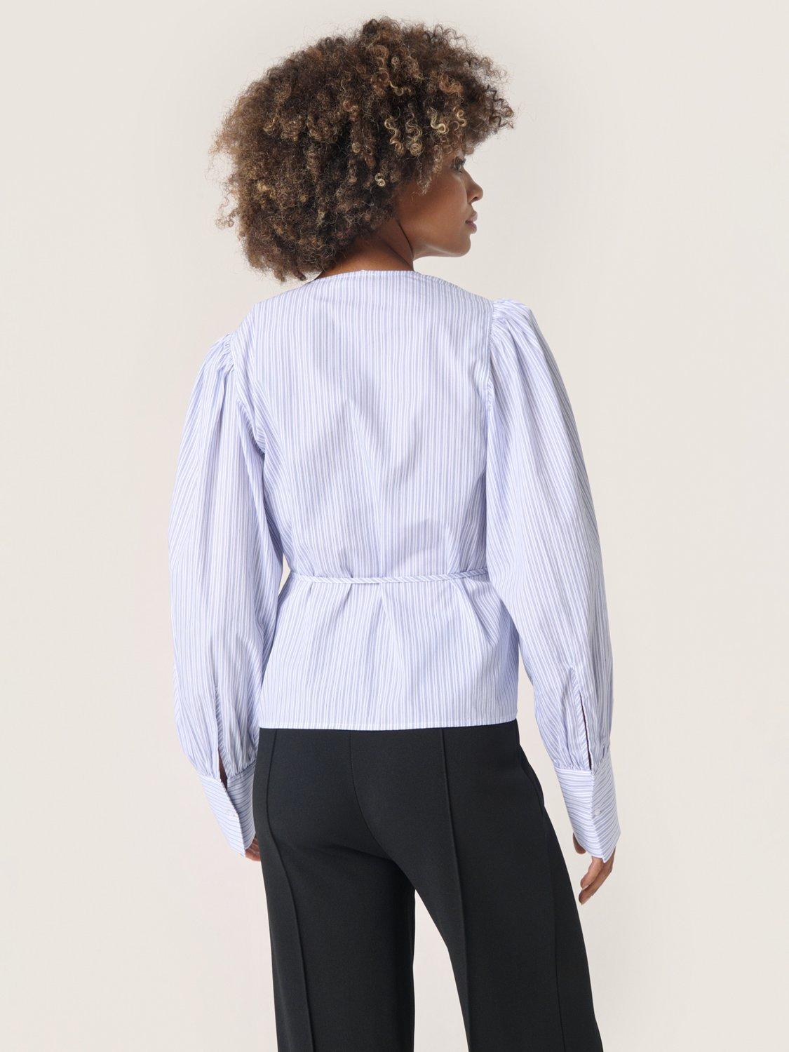Product image 2 of 6, which shows Soaked In Luxury Oriana Striped Cotton Wrap Blouse, White/Blue, XS
