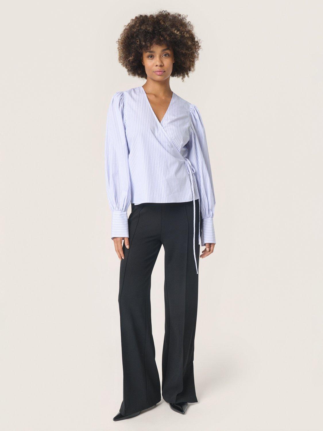 Product image 3 of 6, which shows Soaked In Luxury Oriana Striped Cotton Wrap Blouse, White/Blue, XS