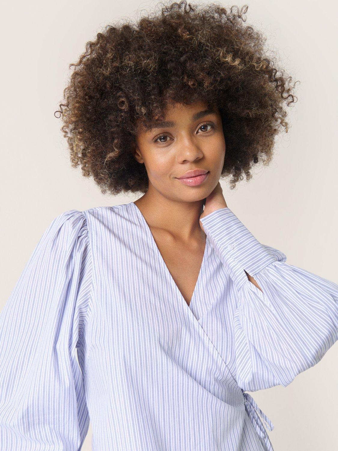 Product image 4 of 6, which shows Soaked In Luxury Oriana Striped Cotton Wrap Blouse, White/Blue, XS