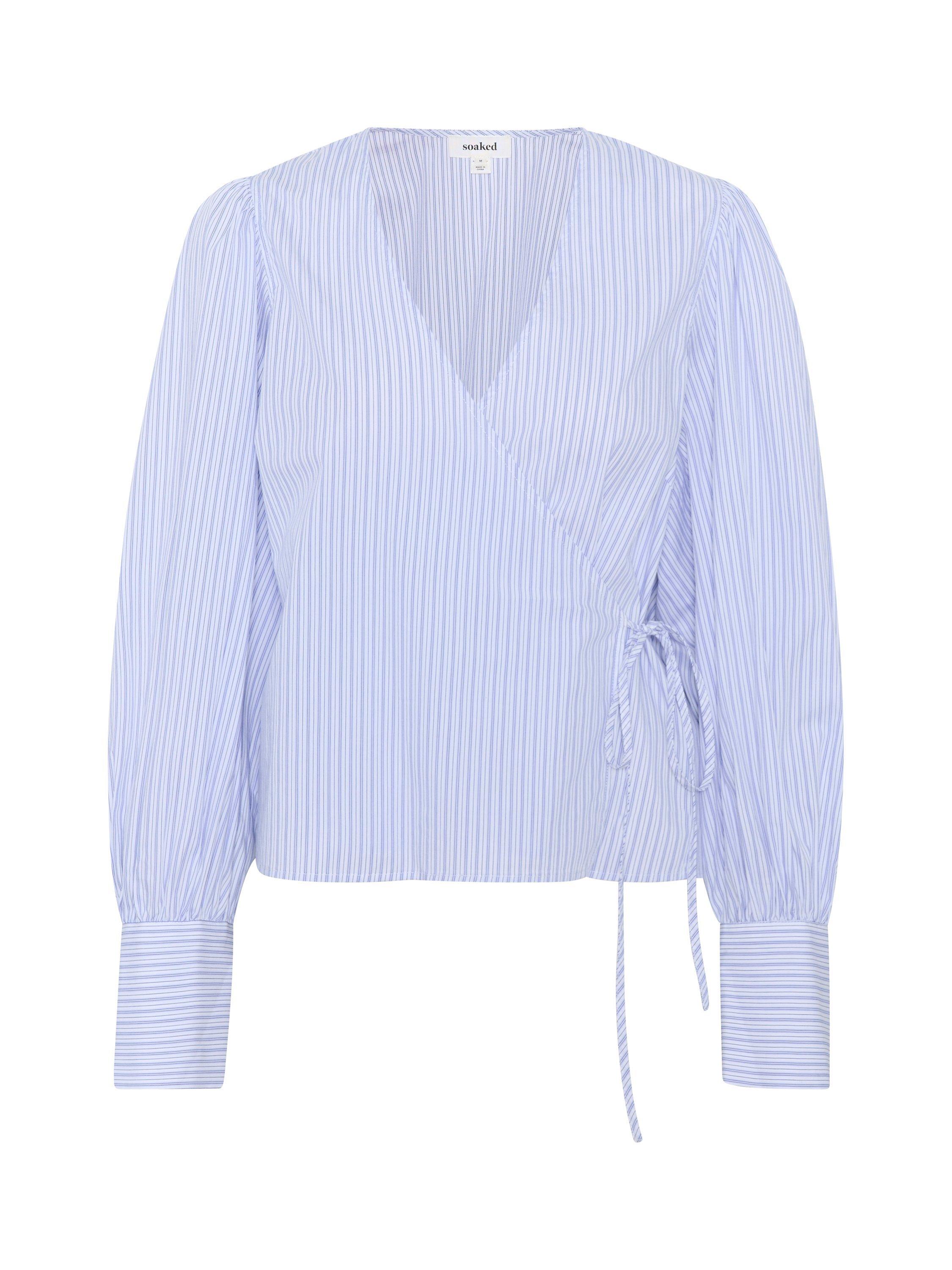 Product image 5 of 6, which shows Soaked In Luxury Oriana Striped Cotton Wrap Blouse, White/Blue, XS