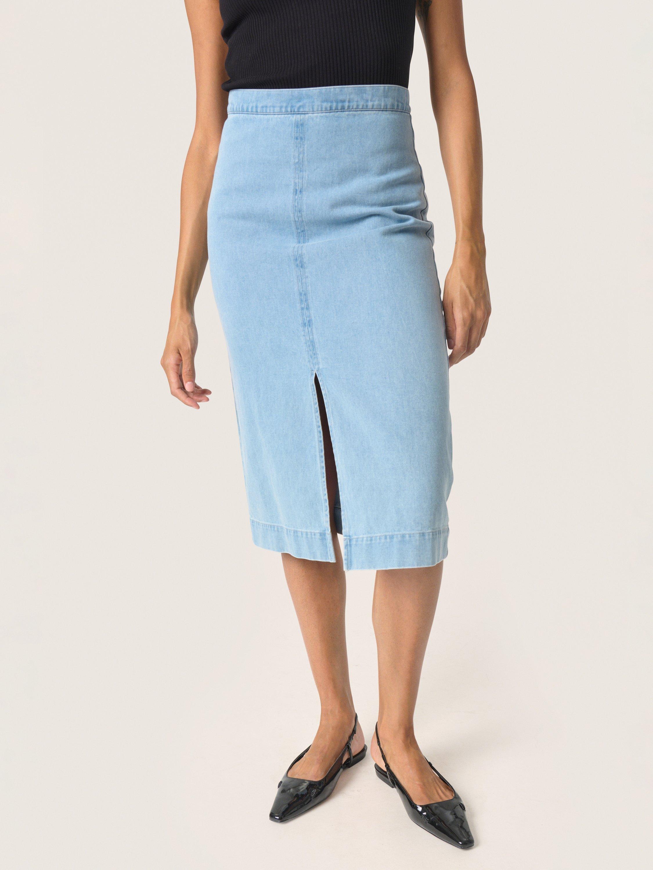 Product image 1 of 6, which shows Soaked In Luxury Annabeth Denim Pencil Skirt, Light Blue Denim, XS