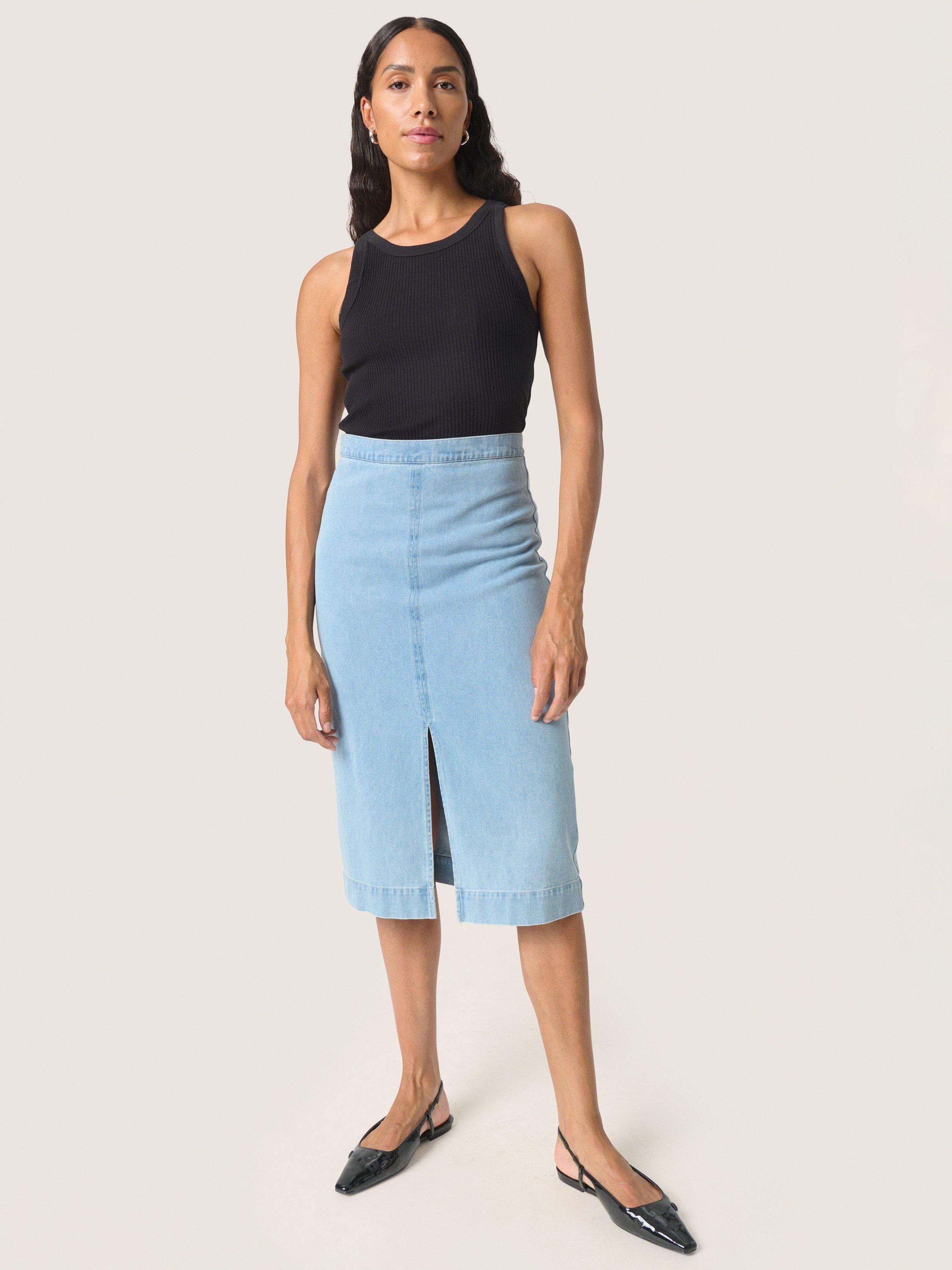 Product image 3 of 6, which shows Soaked In Luxury Annabeth Denim Pencil Skirt, Light Blue Denim, XS